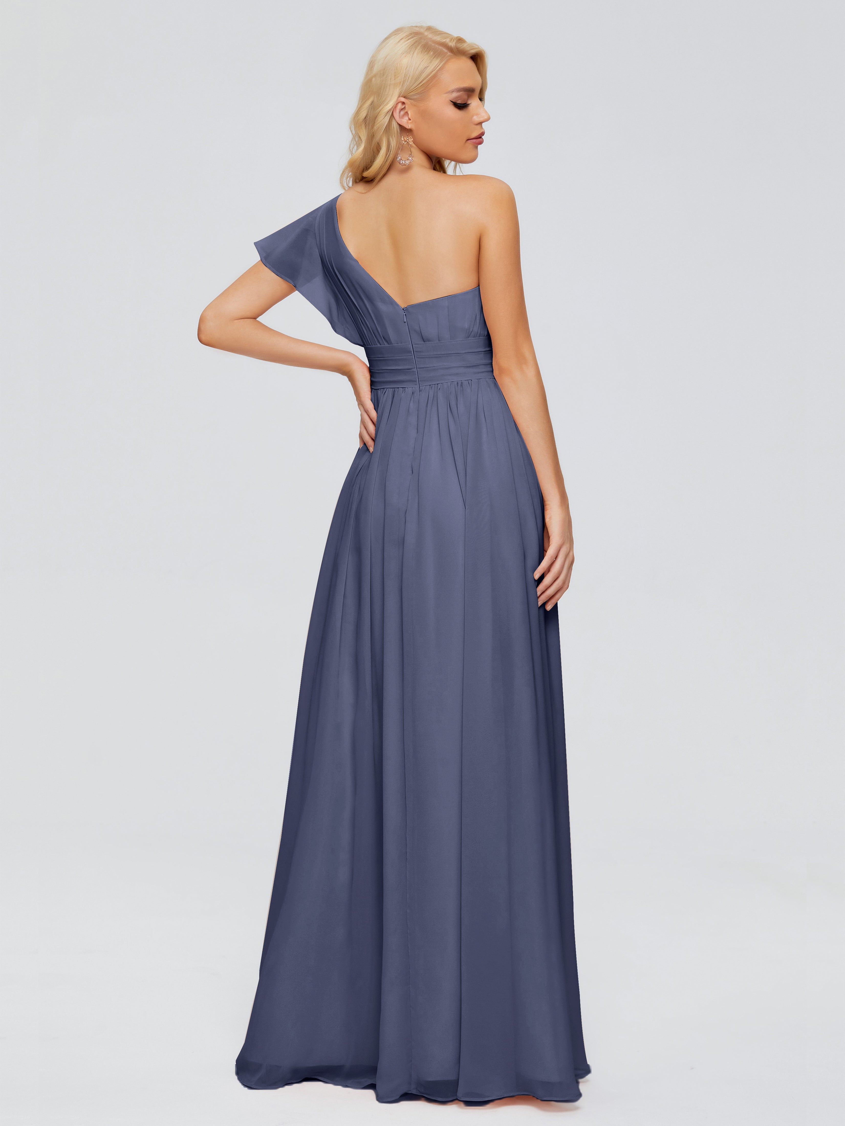 Robes De Demoiselle D'Honneur Bleu Orageux Trapèze Seule-Épaule Mousseline Robes Demoiselle D'Honneur