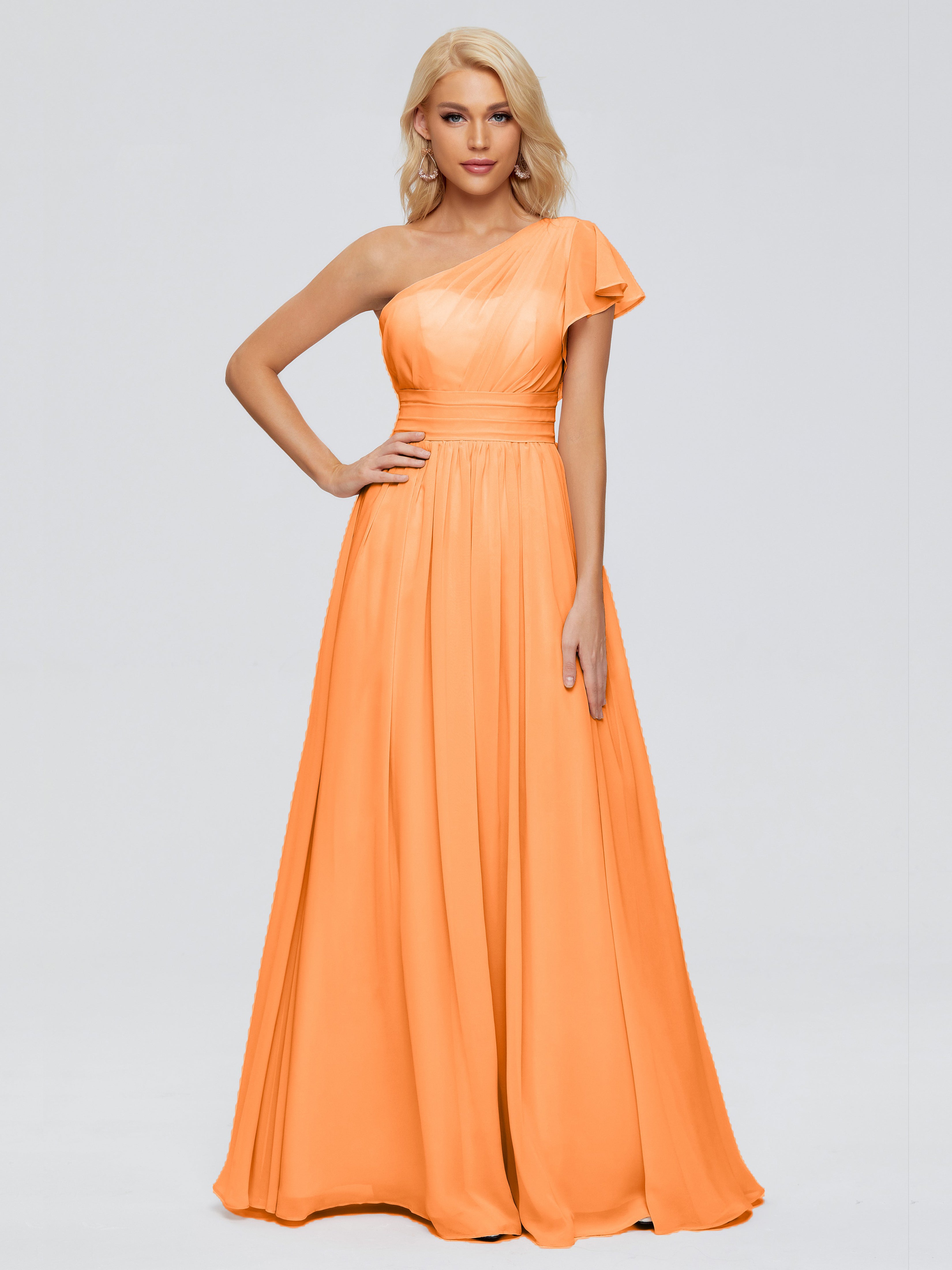 Robe De Demoiselle D Honneur Orange Trapèze Seule-Épaule Mousseline Robes Demoiselle D'Honneur