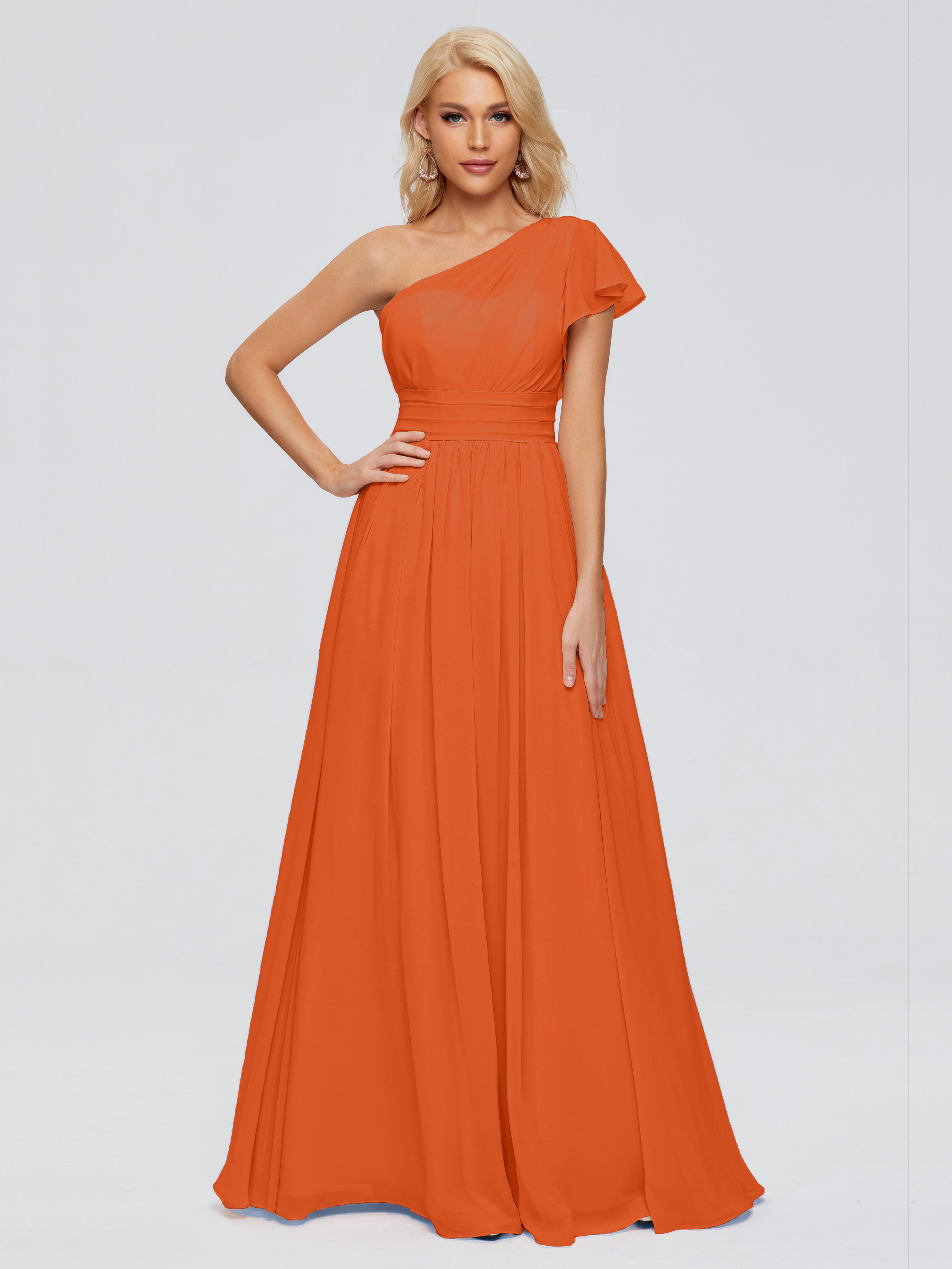 Robes De Demoiselle D'Honneur Orange Brûlé Trapèze Seule-Épaule Mousseline Robes Demoiselle D'Honneur