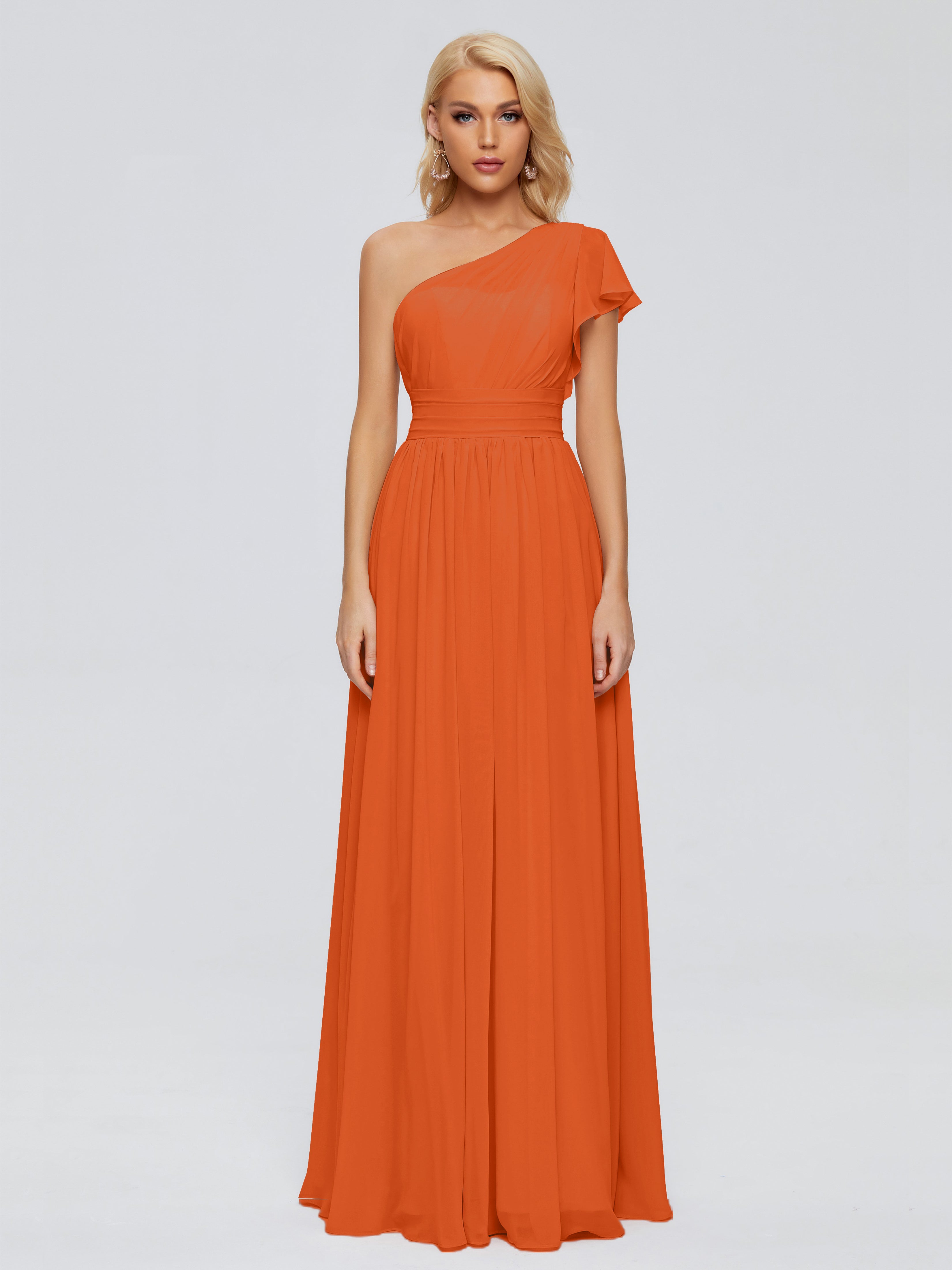 Robes De Demoiselle D'Honneur Orange Brûlé Trapèze Seule-Épaule Mousseline Robes Demoiselle D'Honneur