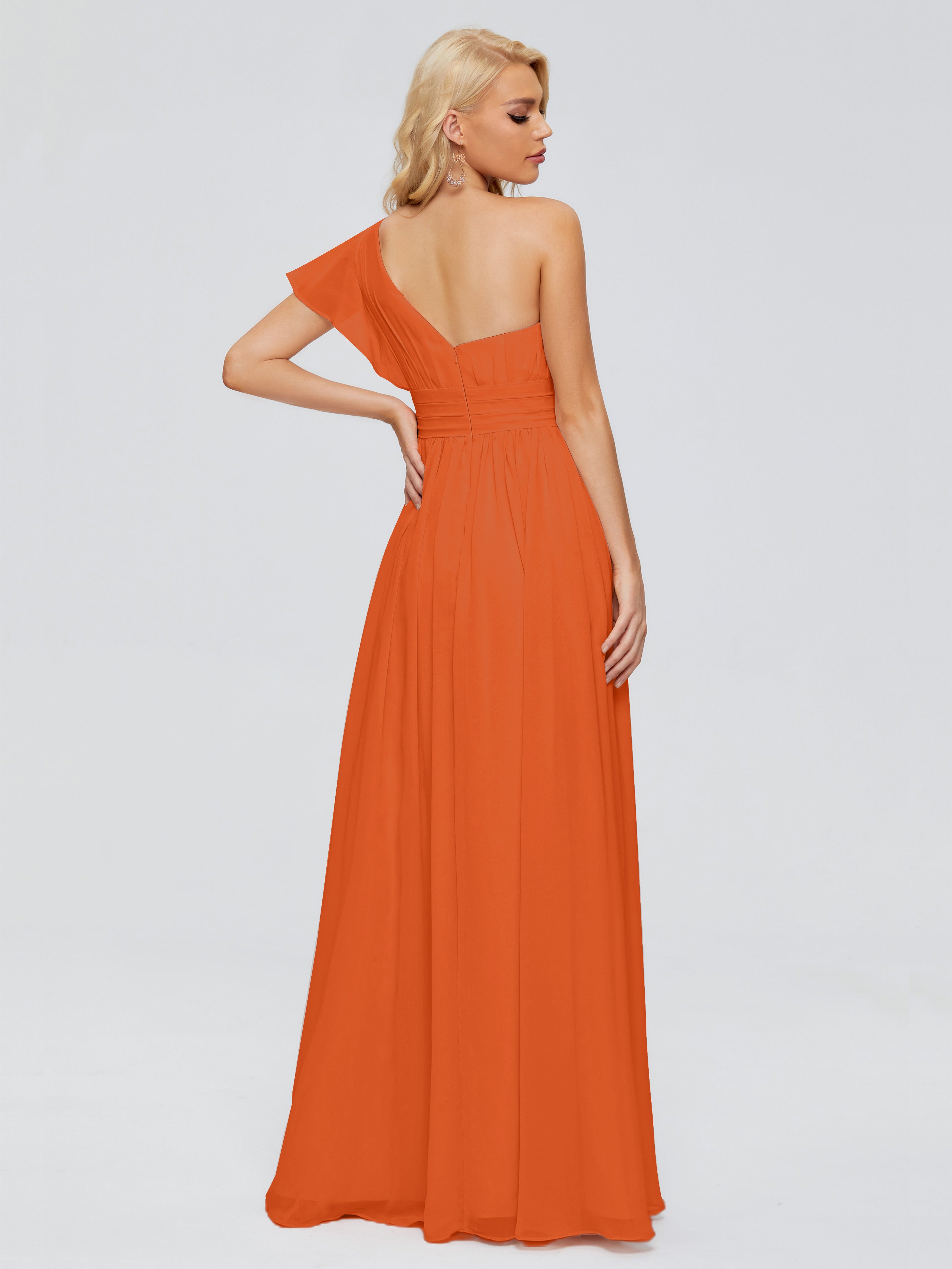Robes De Demoiselle D'Honneur Orange Brûlé Trapèze Seule-Épaule Mousseline Robes Demoiselle D'Honneur