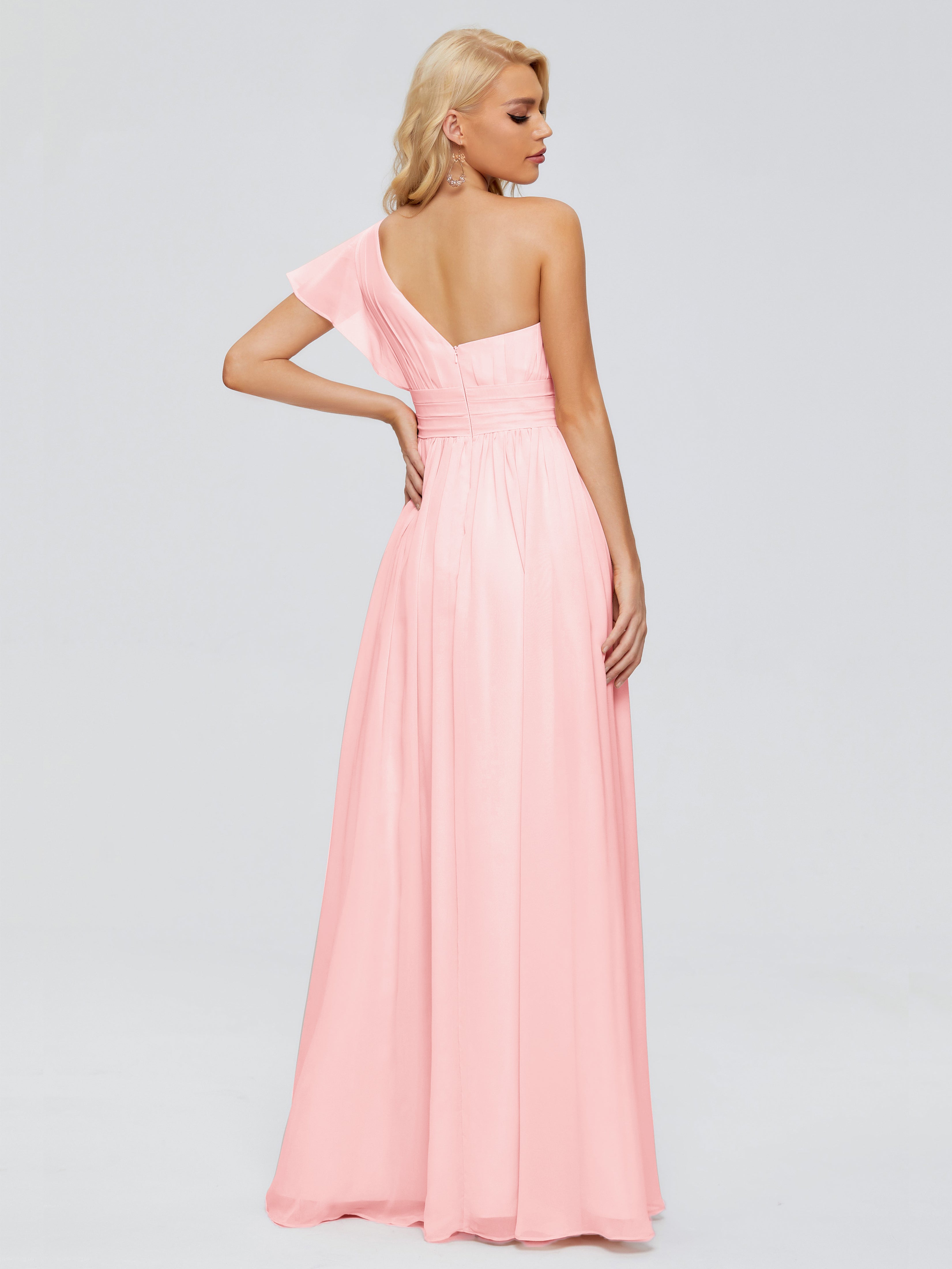 Robes De Demoiselle D'Honneur De Couleur Rose Trapèze Seule-Épaule Mousseline Robes Demoiselle D'Honneur