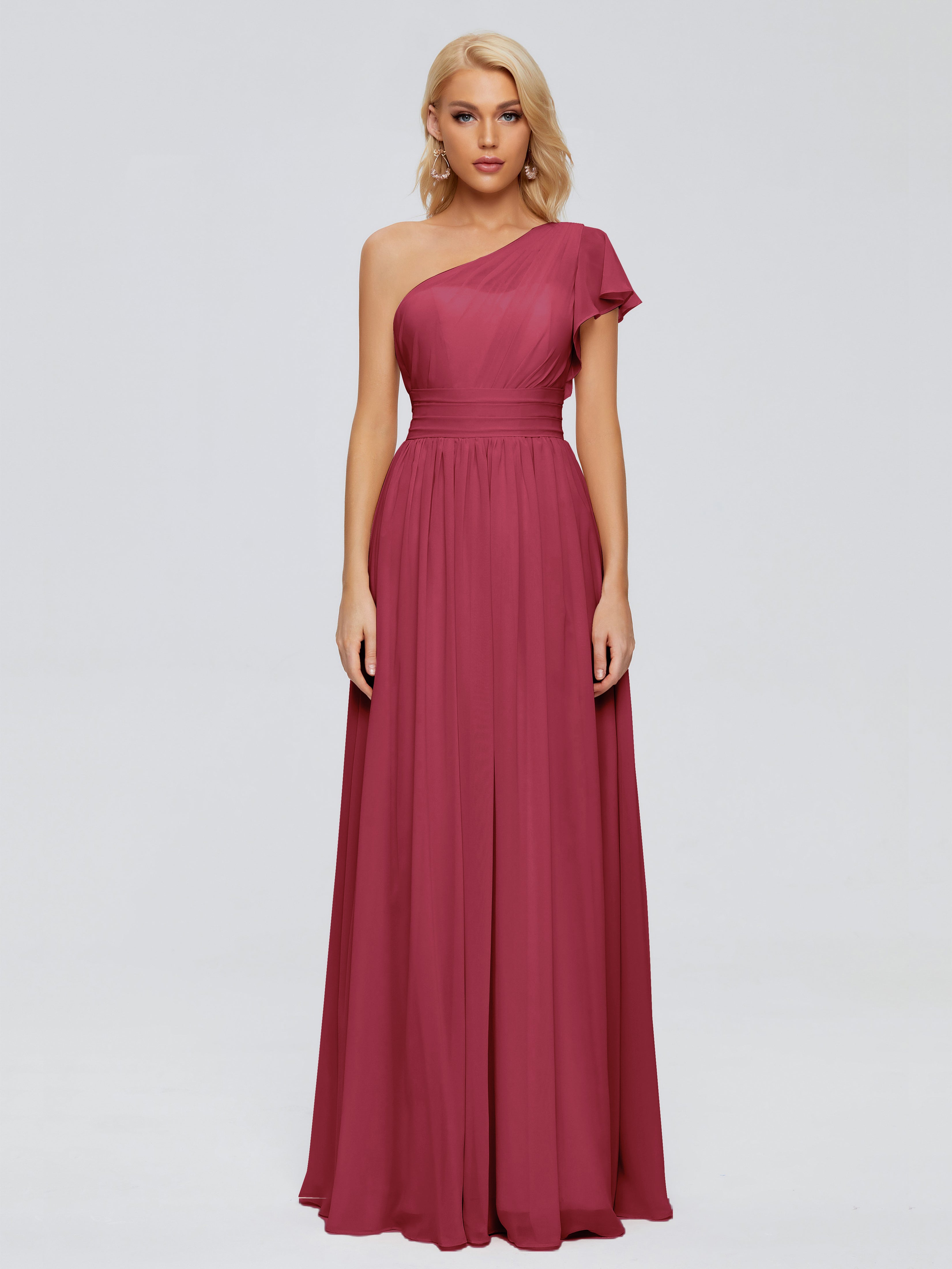 Couleur Rose Cannelle Trapèze Seule-Épaule Mousseline Robes Demoiselle D'Honneur
