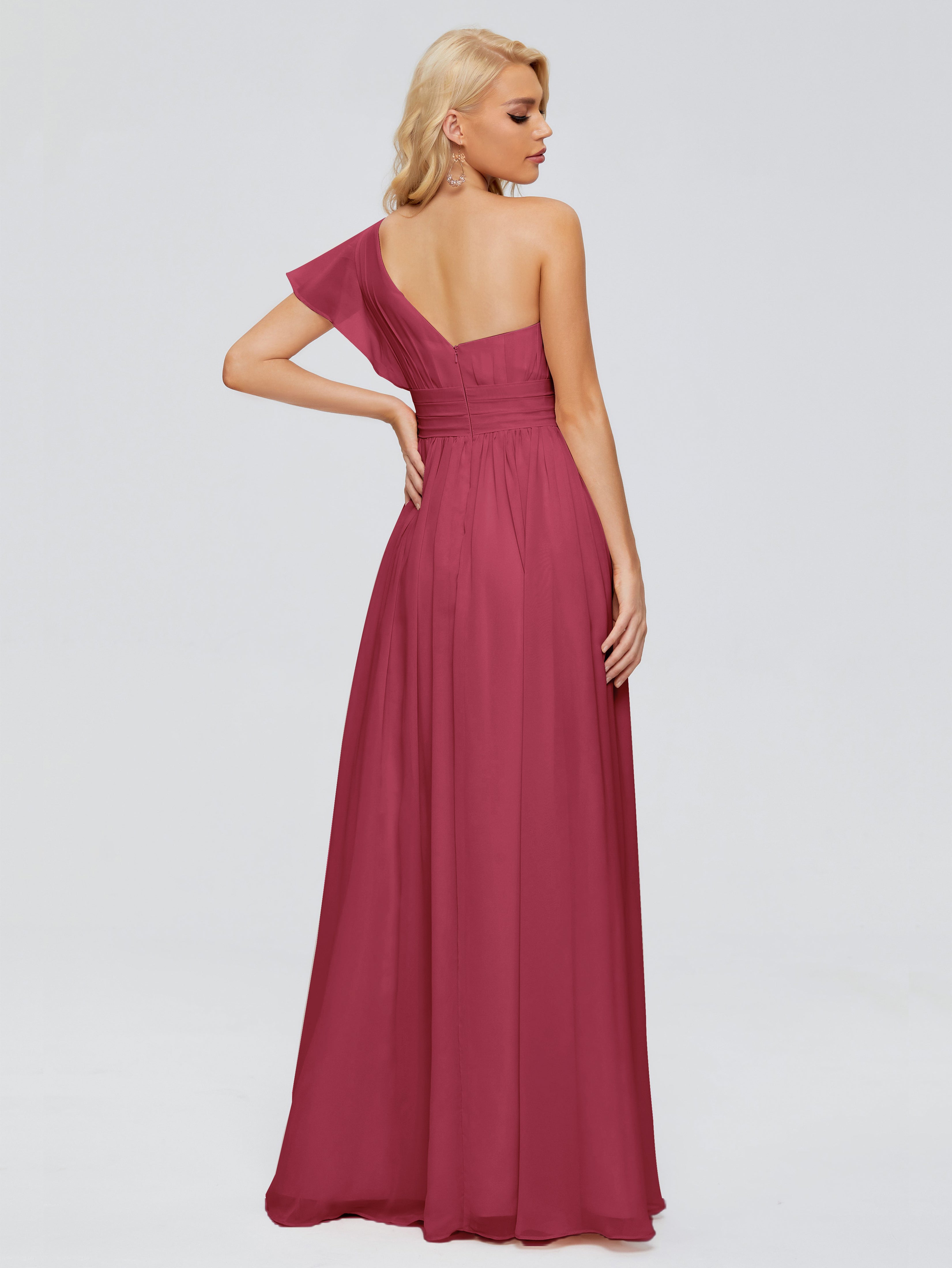 Couleur Rose Cannelle Trapèze Seule-Épaule Mousseline Robes Demoiselle D'Honneur