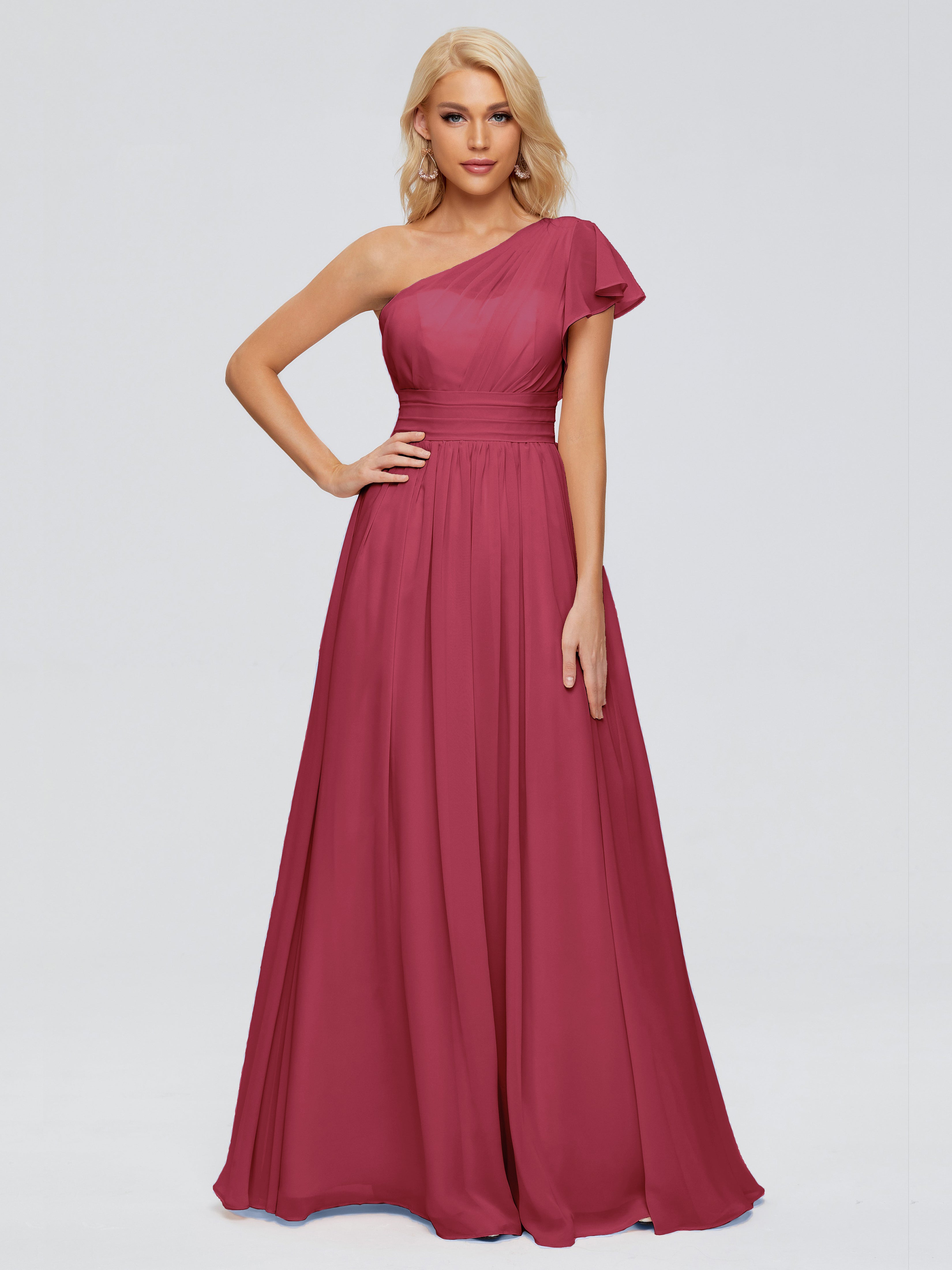 Couleur Rose Cannelle Trapèze Seule-Épaule Mousseline Robes Demoiselle D'Honneur