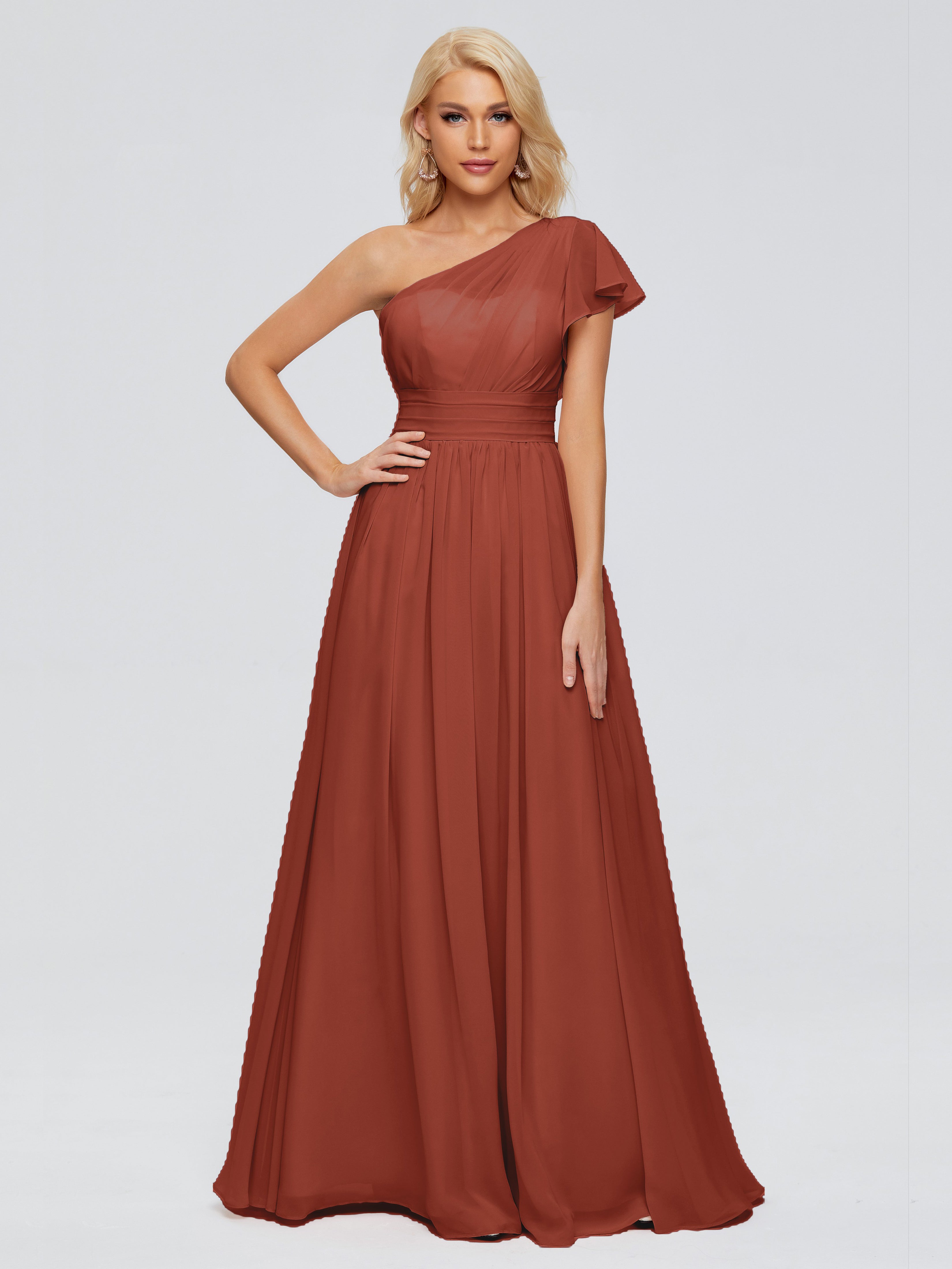 Robes De Demoiselle D'Honneur Couleur Rouille Bon Marché Trapèze Seule-Épaule Mousseline Robes Demoiselle D'Honneur