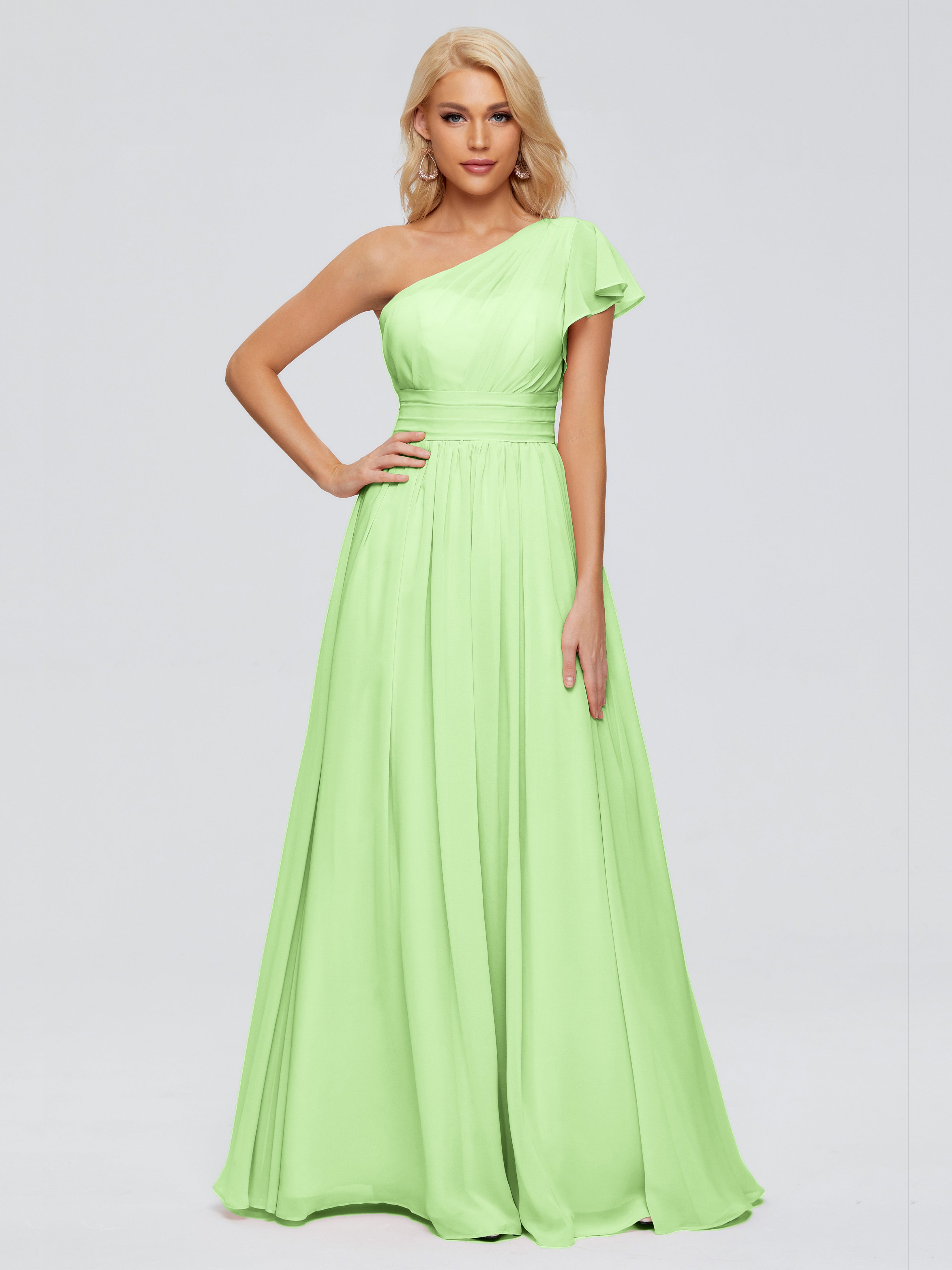 Demoiselle Robe Vert Sauge Trapèze Seule-Épaule Mousseline Robes Demoiselle D'Honneur