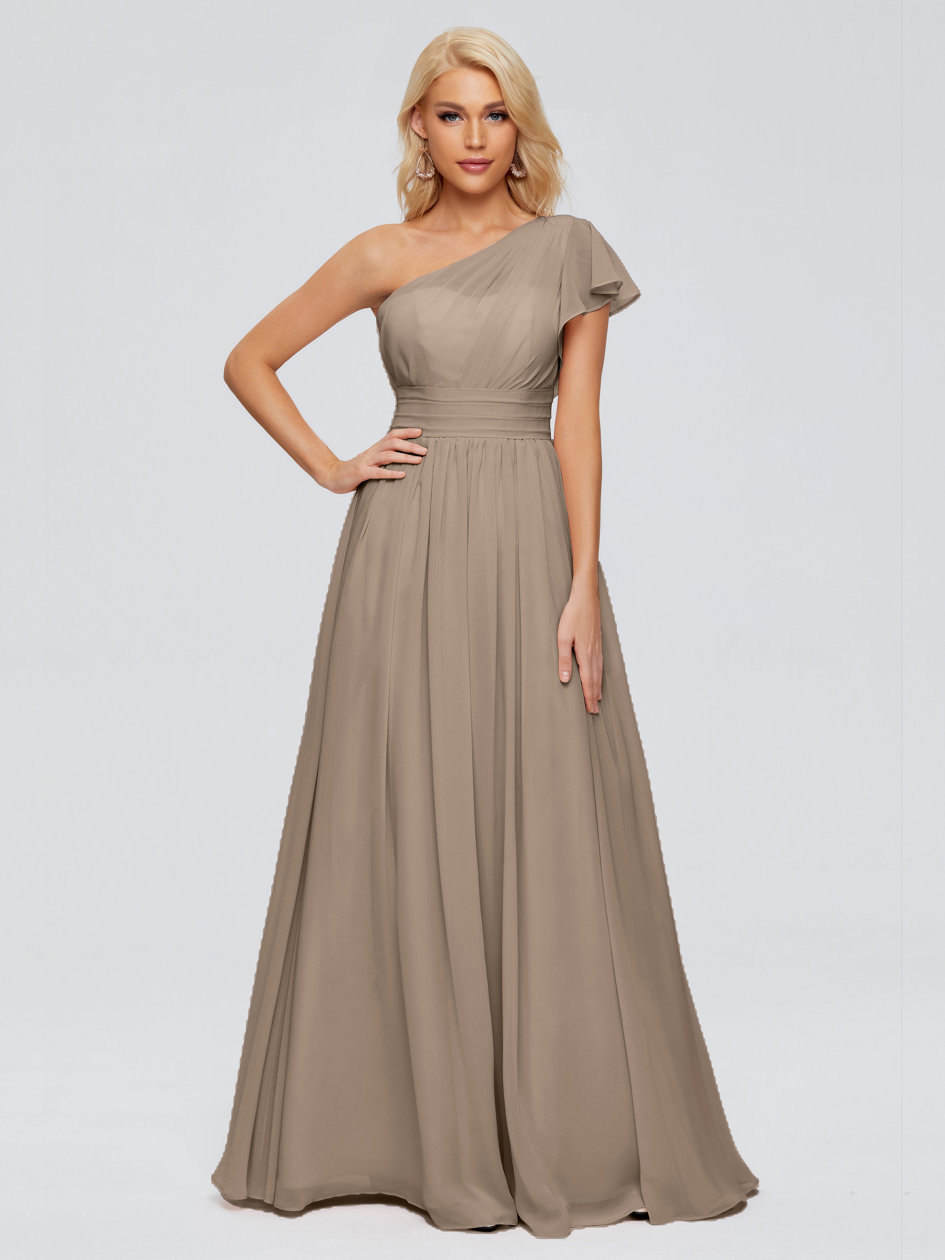 Robe Taupe Demoiselle D Honneur Trapèze Seule-Épaule Mousseline Robes Demoiselle D'Honneur