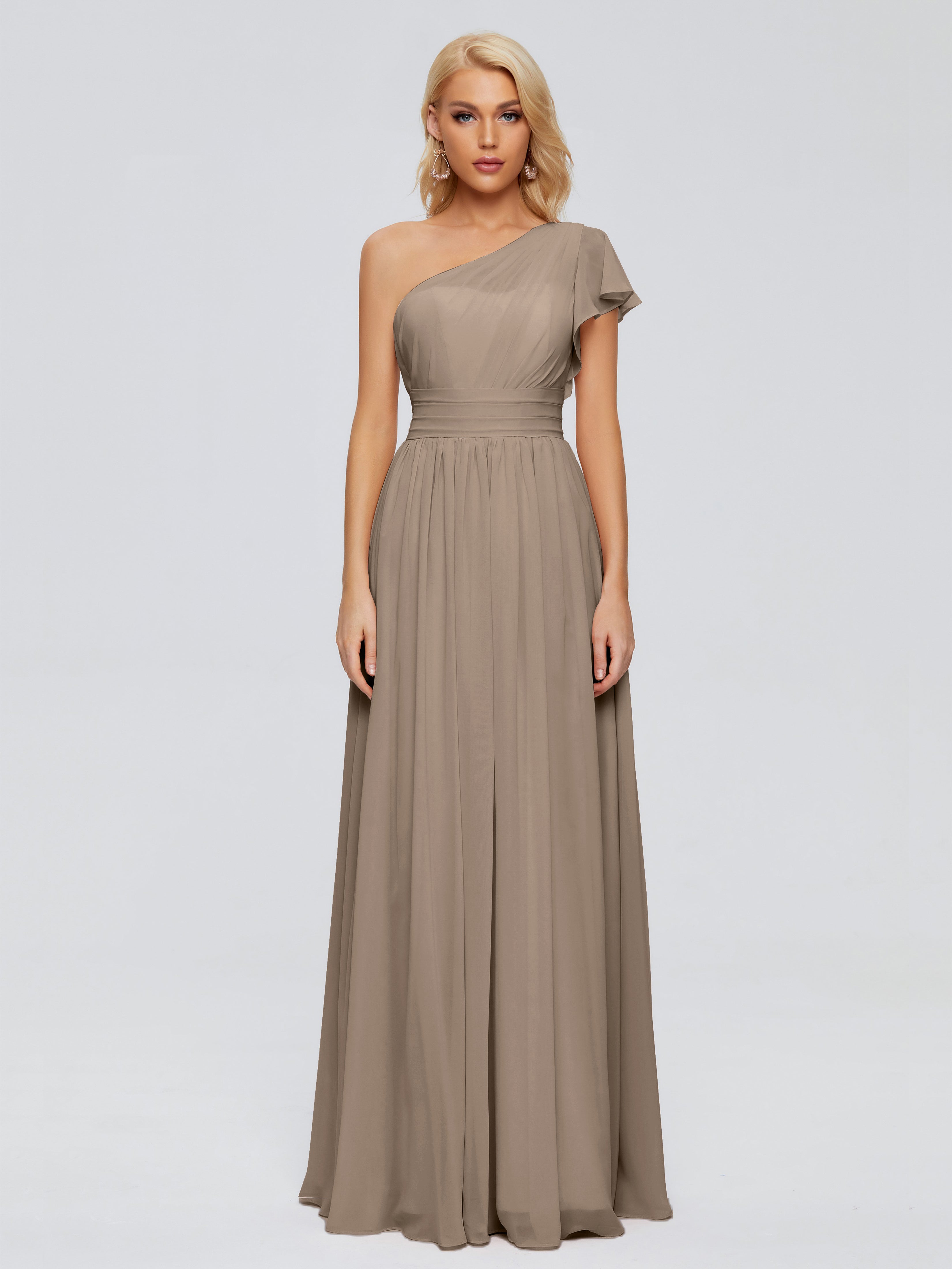 Robe Taupe Demoiselle D Honneur Trapèze Seule-Épaule Mousseline Robes Demoiselle D'Honneur