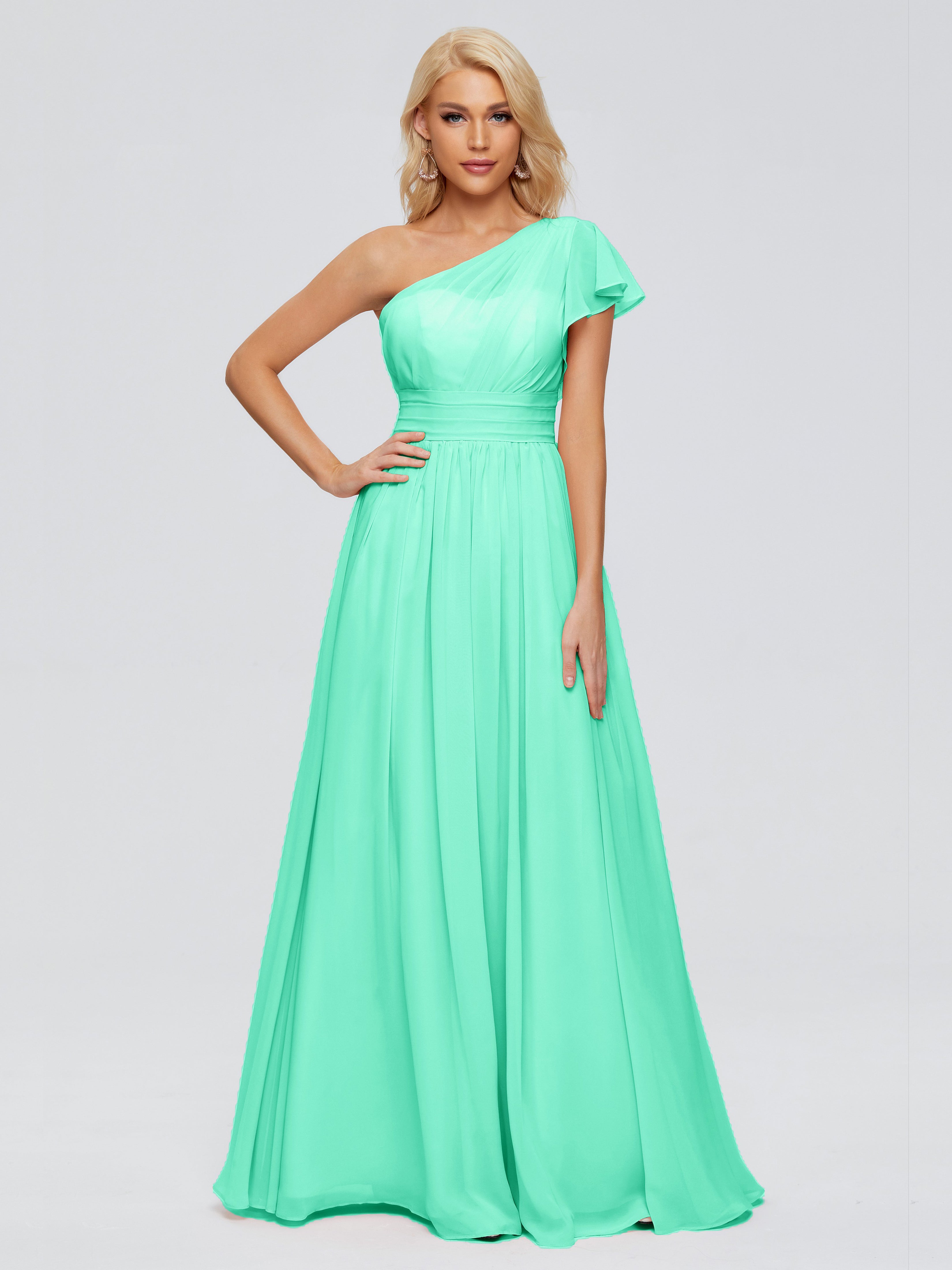 Robe Bleu Turquoise Demoiselle D Honneur Trapèze Seule-Épaule Mousseline Robes Demoiselle D'Honneur