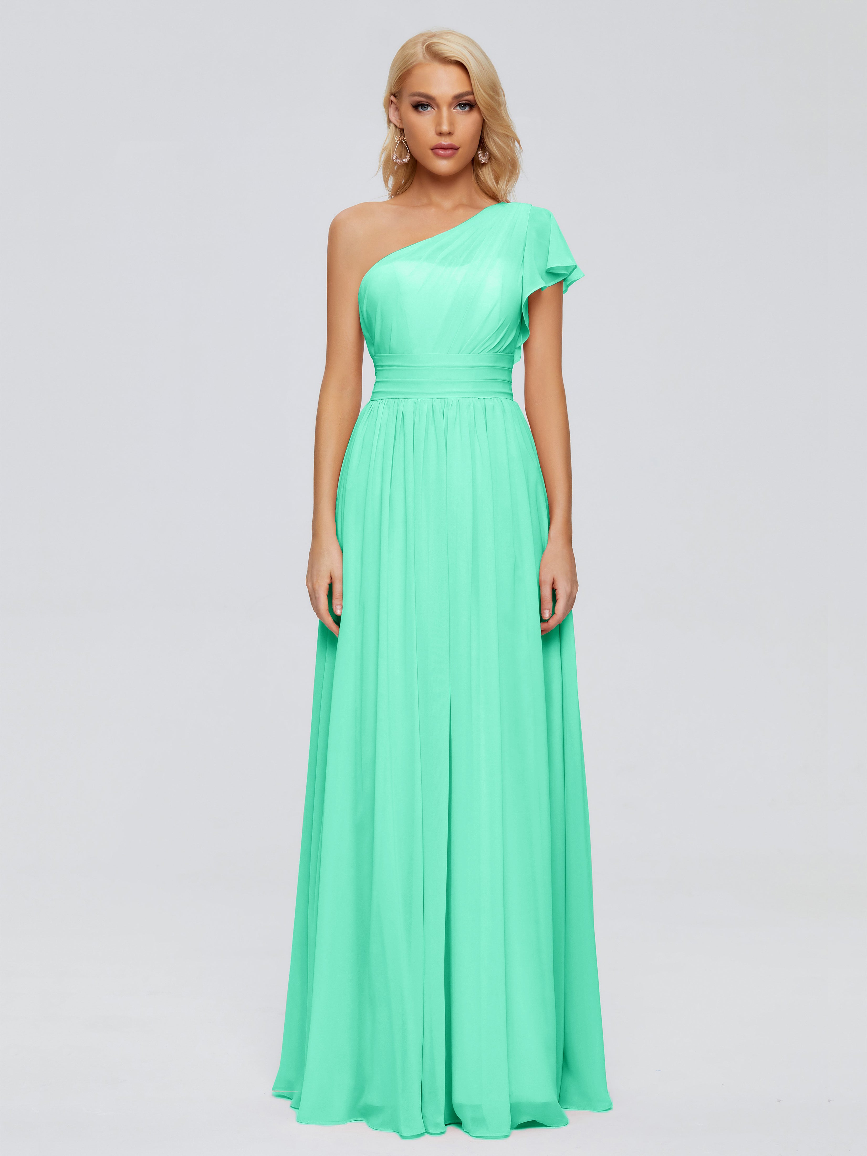 Robe Bleu Turquoise Demoiselle D Honneur Trapèze Seule-Épaule Mousseline Robes Demoiselle D'Honneur