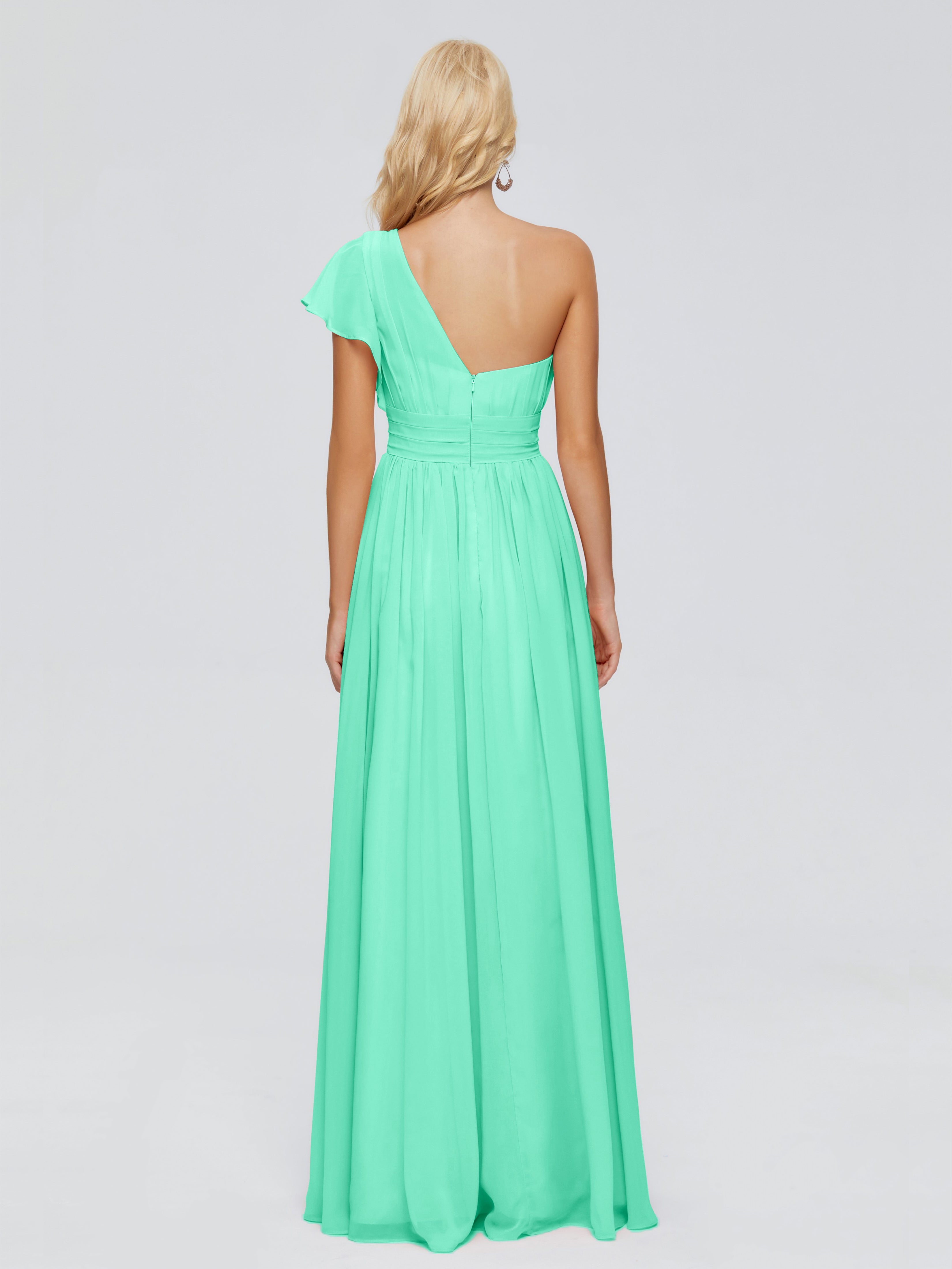 Robe Bleu Turquoise Demoiselle D Honneur Trapèze Seule-Épaule Mousseline Robes Demoiselle D'Honneur