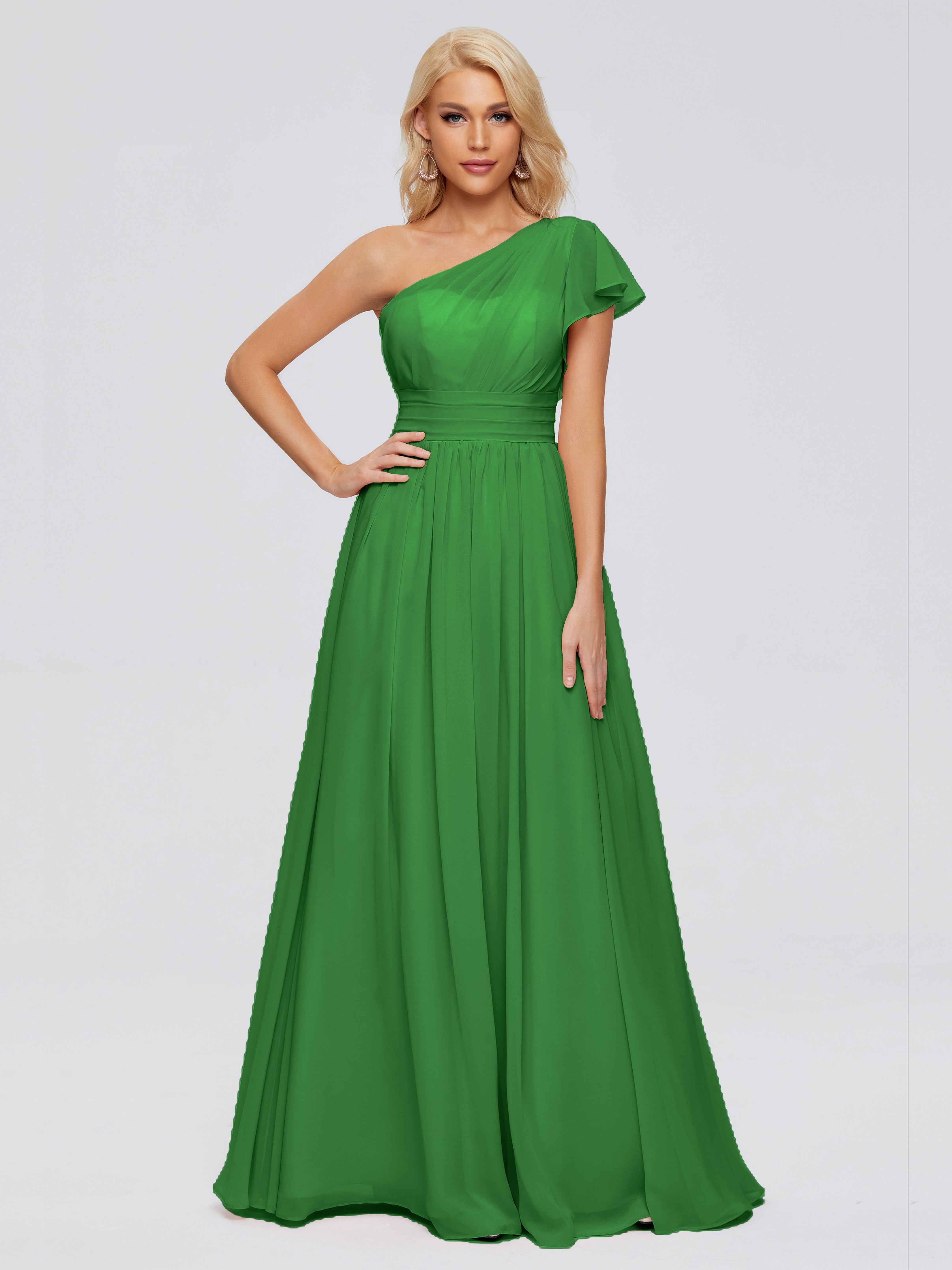 Robes De Demoiselle D'Honneur Vert Pin Trapèze Seule-Épaule Mousseline Robes Demoiselle D'Honneur