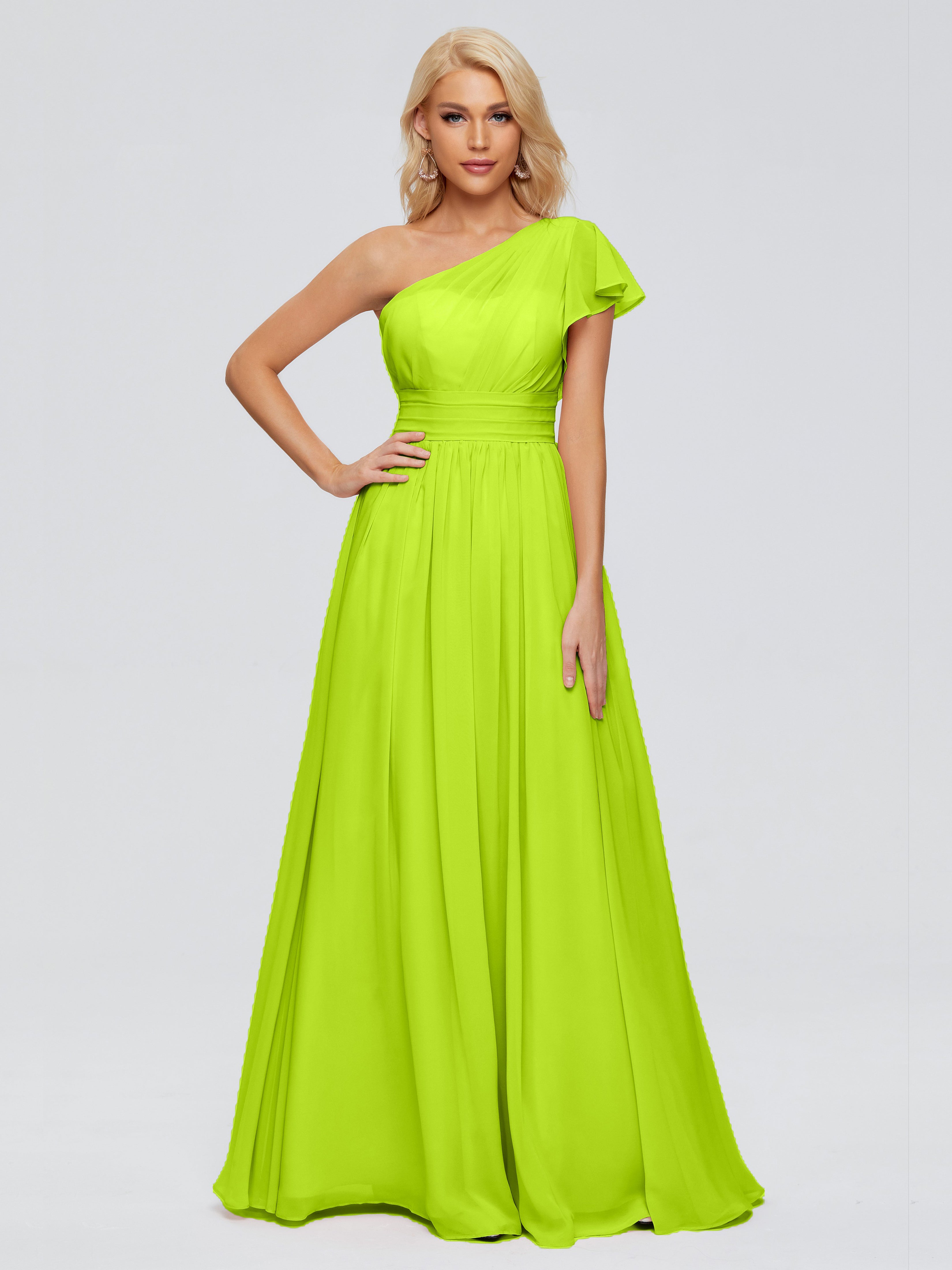 Robes De Demoiselle D'Honneur Vert Citron Trapèze Seule-Épaule Mousseline Robes Demoiselle D'Honneur