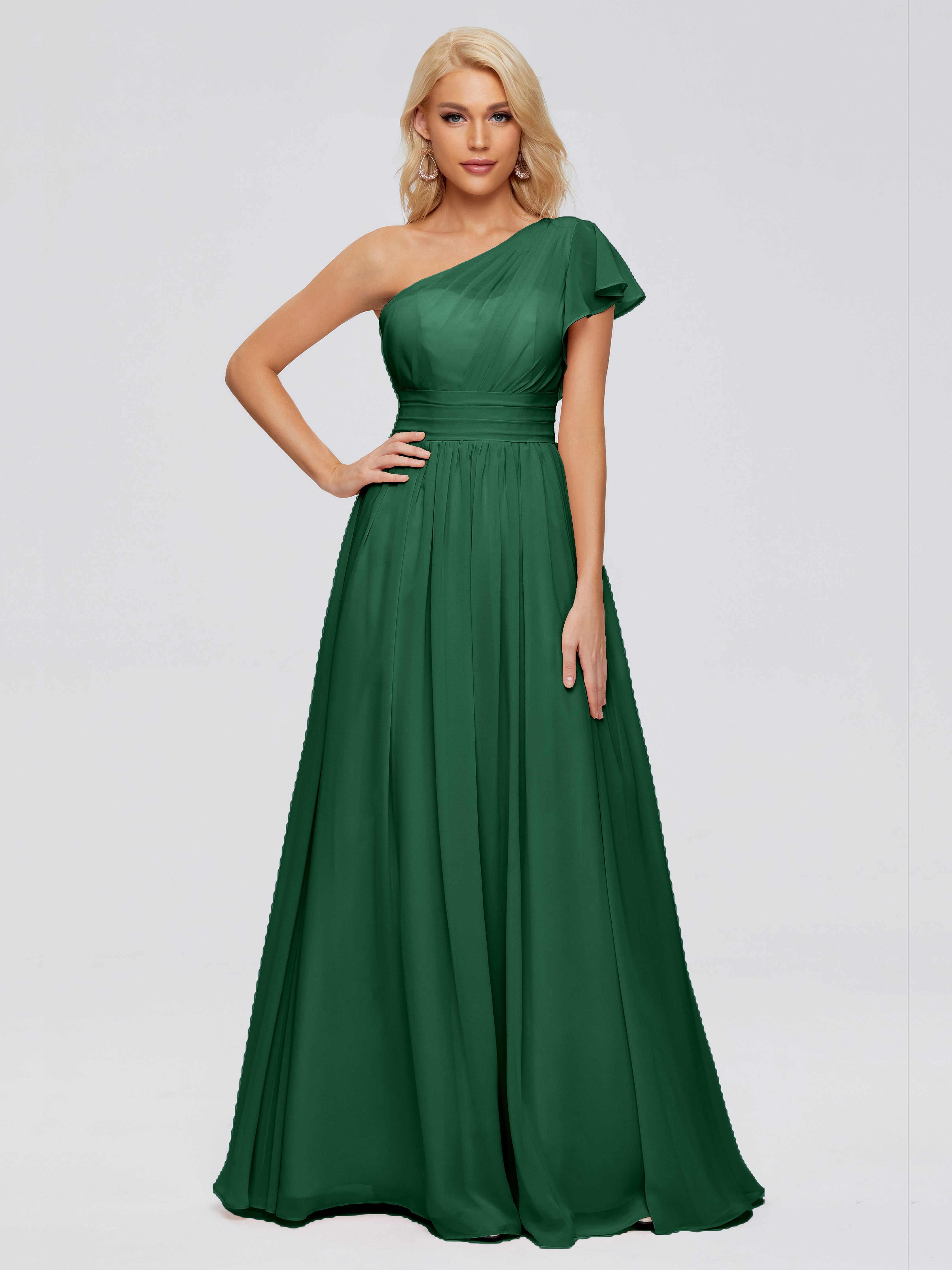 Robes De Demoiselle D'Honneur Vert Foncé Trapèze Seule-Épaule Mousseline Robes Demoiselle D'Honneur