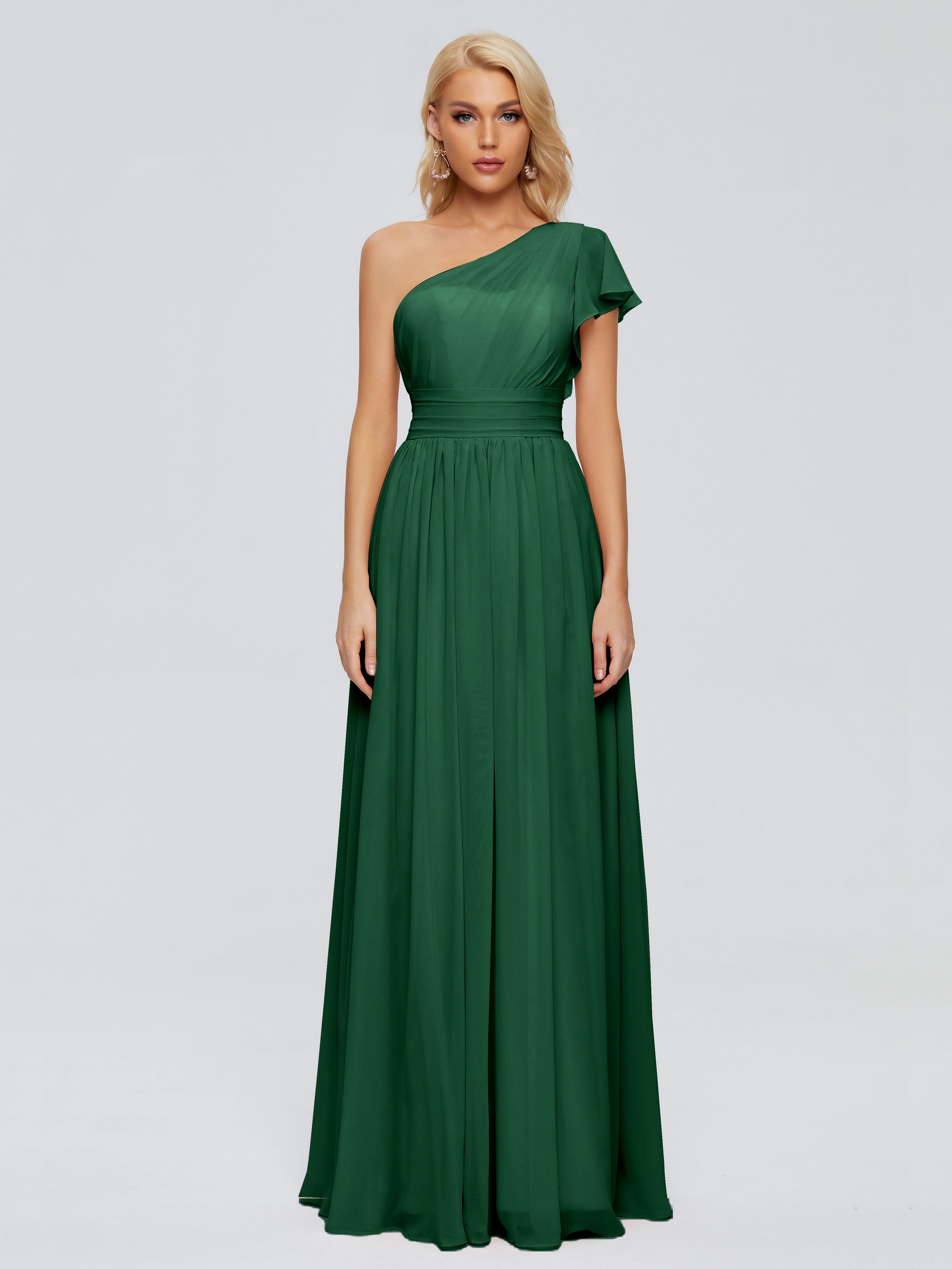 Robes De Demoiselle D'Honneur Vert Foncé Trapèze Seule-Épaule Mousseline Robes Demoiselle D'Honneur