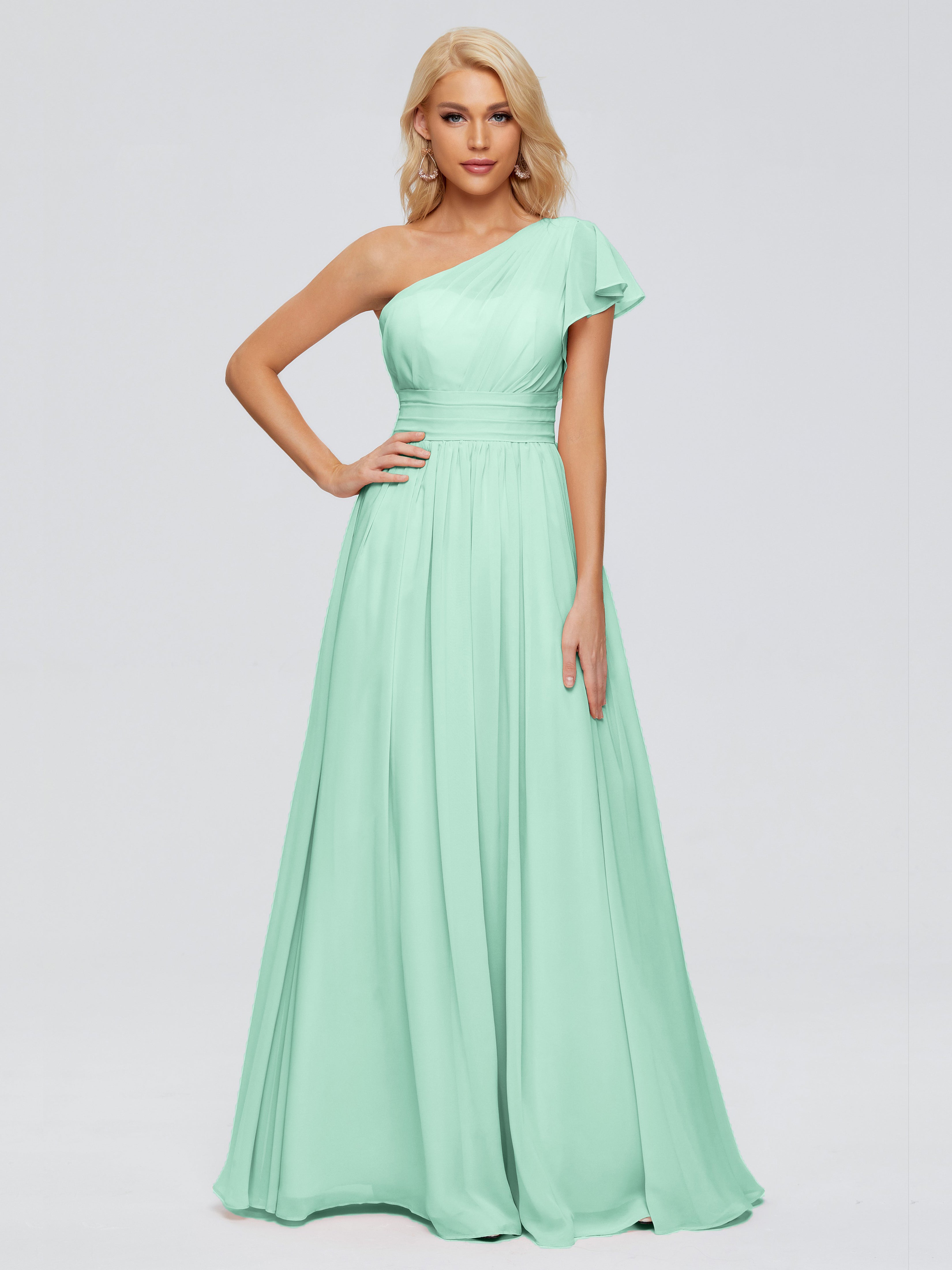 Robes De Demoiselle D'Honneur Vert Menthe Trapèze Seule-Épaule Mousseline Robes Demoiselle D'Honneur