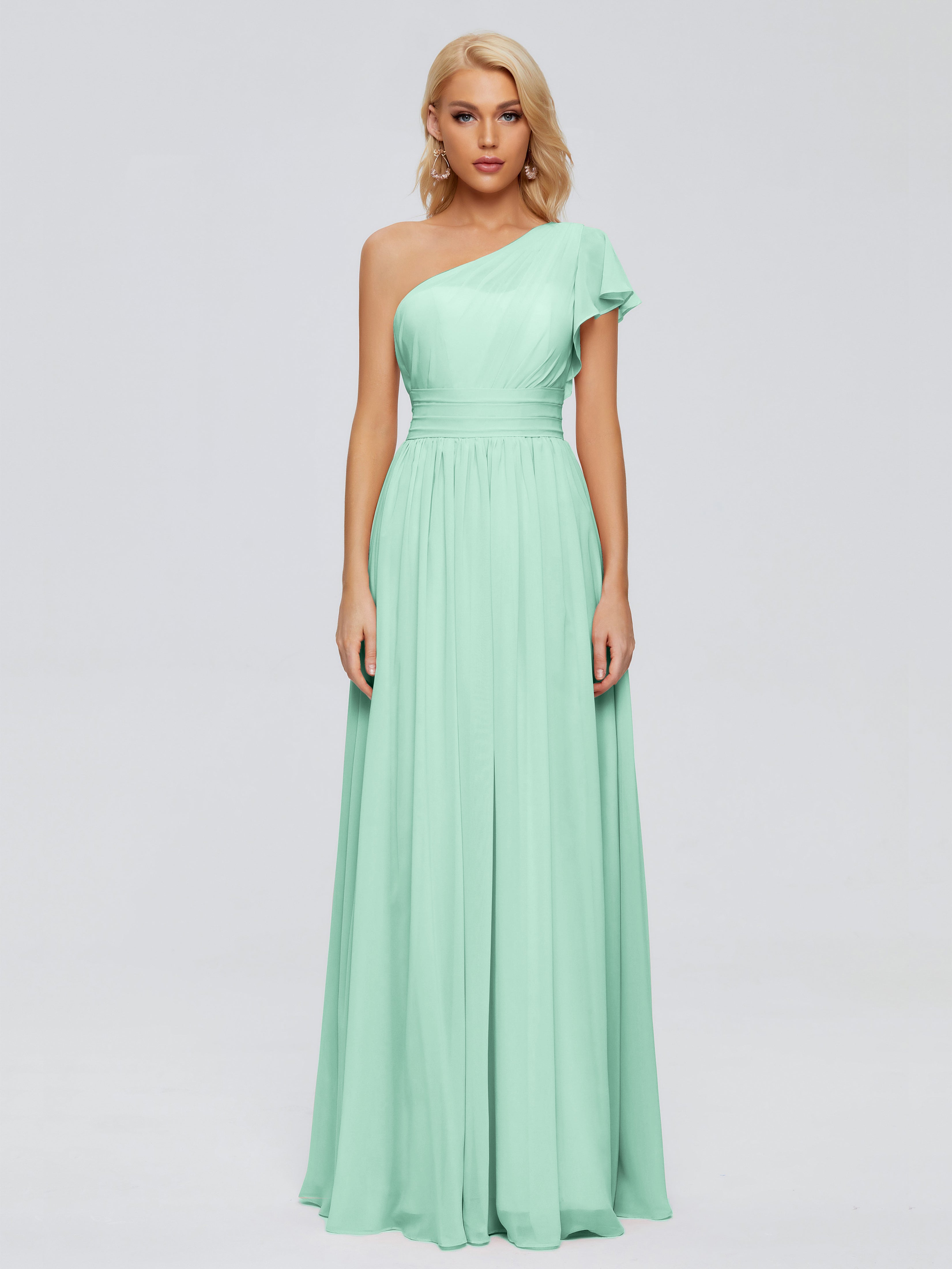 Robes De Demoiselle D'Honneur Vert Menthe Trapèze Seule-Épaule Mousseline Robes Demoiselle D'Honneur