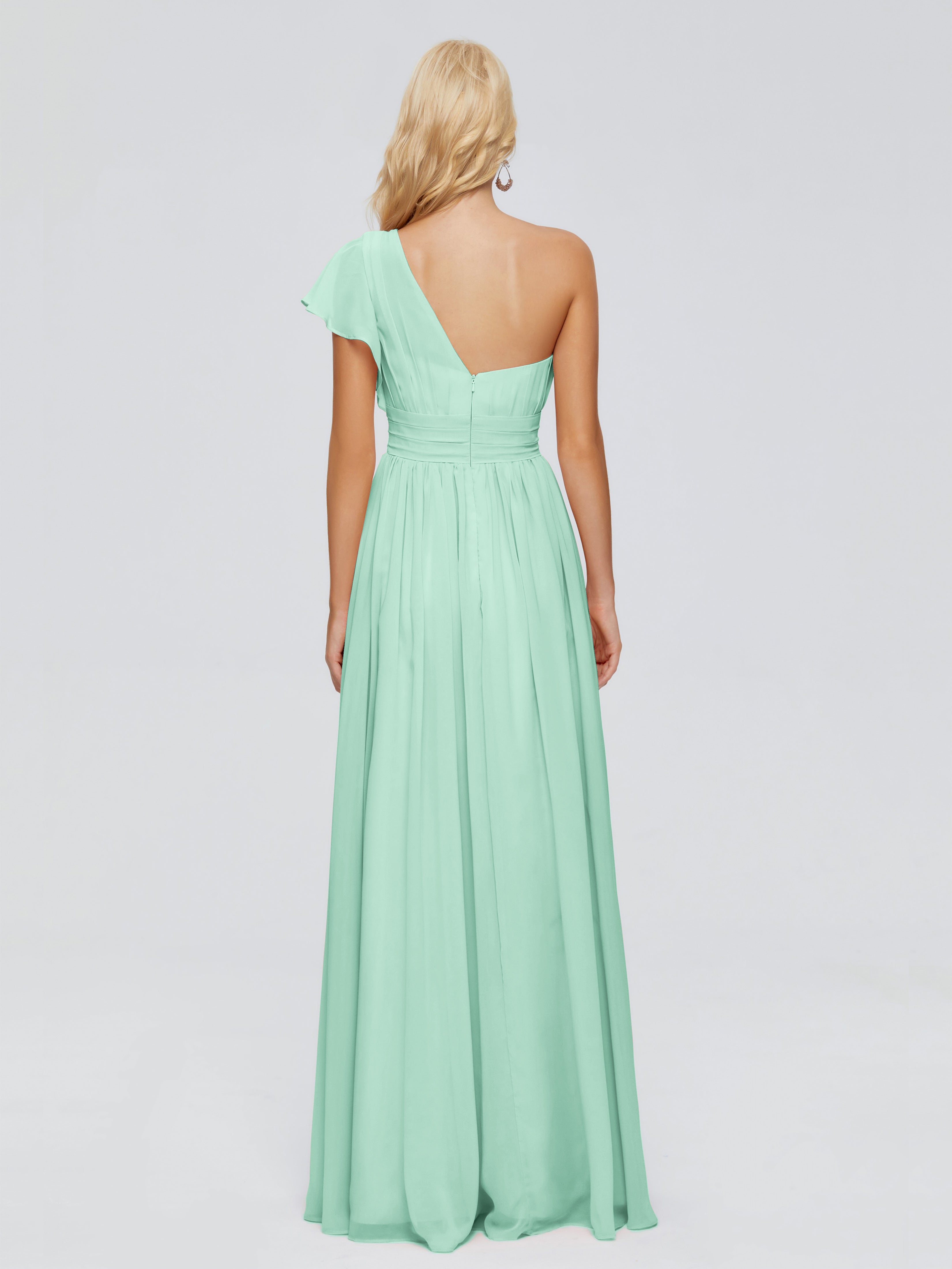 Robes De Demoiselle D'Honneur Vert Menthe Trapèze Seule-Épaule Mousseline Robes Demoiselle D'Honneur