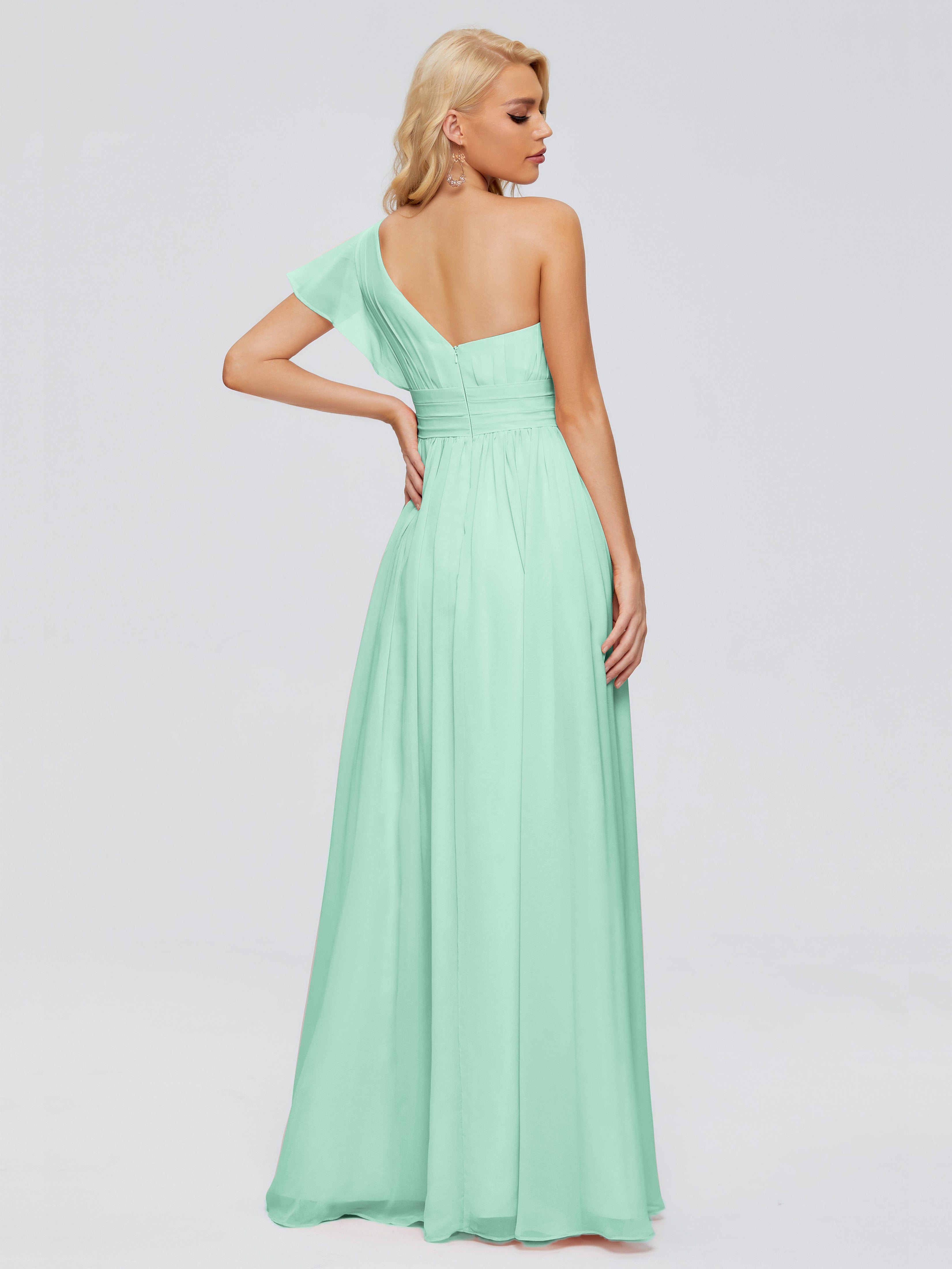 Robes De Demoiselle D'Honneur Vert Menthe Trapèze Seule-Épaule Mousseline Robes Demoiselle D'Honneur