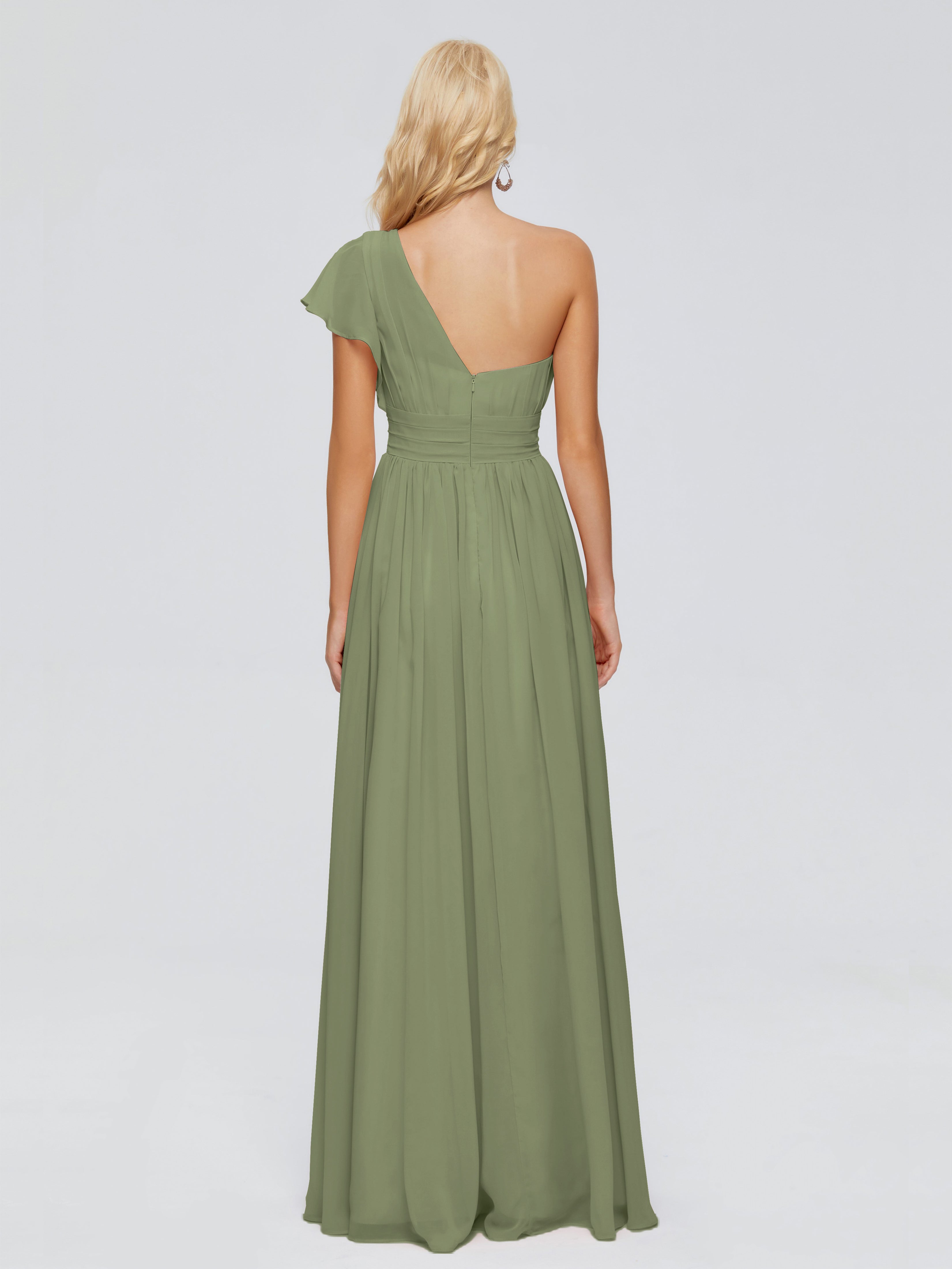 Robe Demoiselle D Honneur Vert Olive Trapèze Seule-Épaule Mousseline Robes Demoiselle D'Honneur