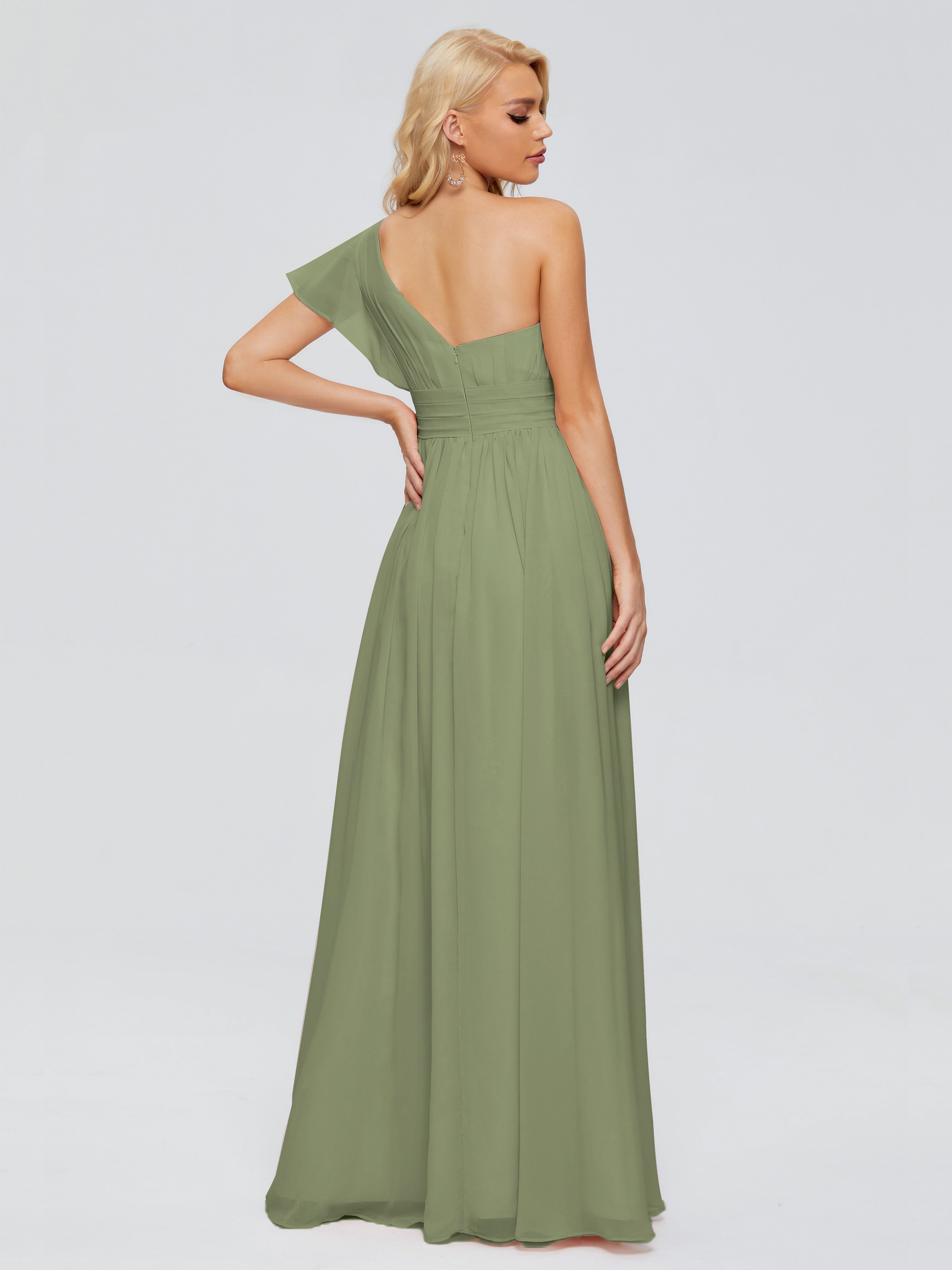Robe Demoiselle D Honneur Vert Olive Trapèze Seule-Épaule Mousseline Robes Demoiselle D'Honneur