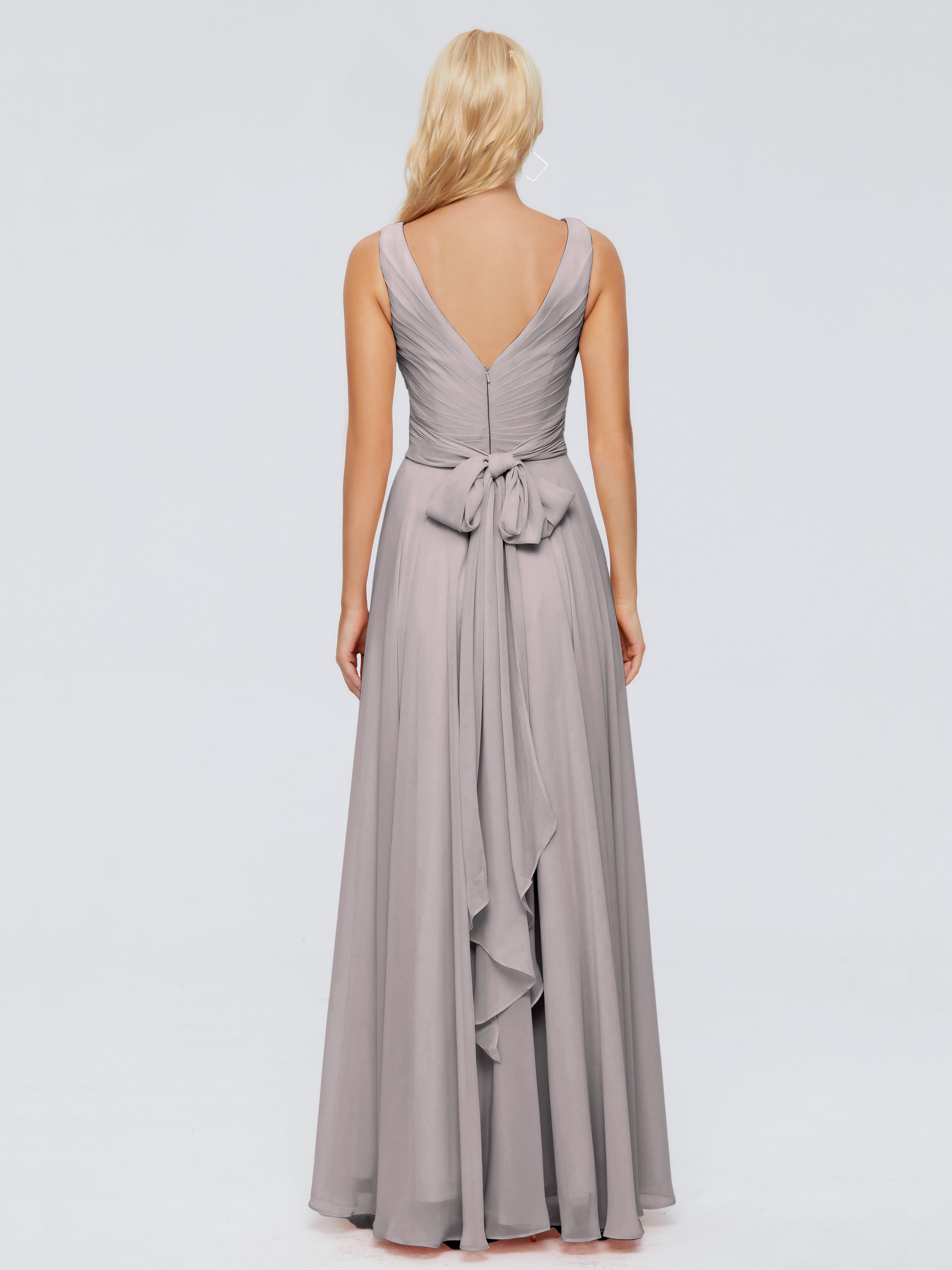 Robes De Demoiselle D'Honneur En Argent Col V Mousseline Robes Demoiselle D'Honneur Avec Ceinture