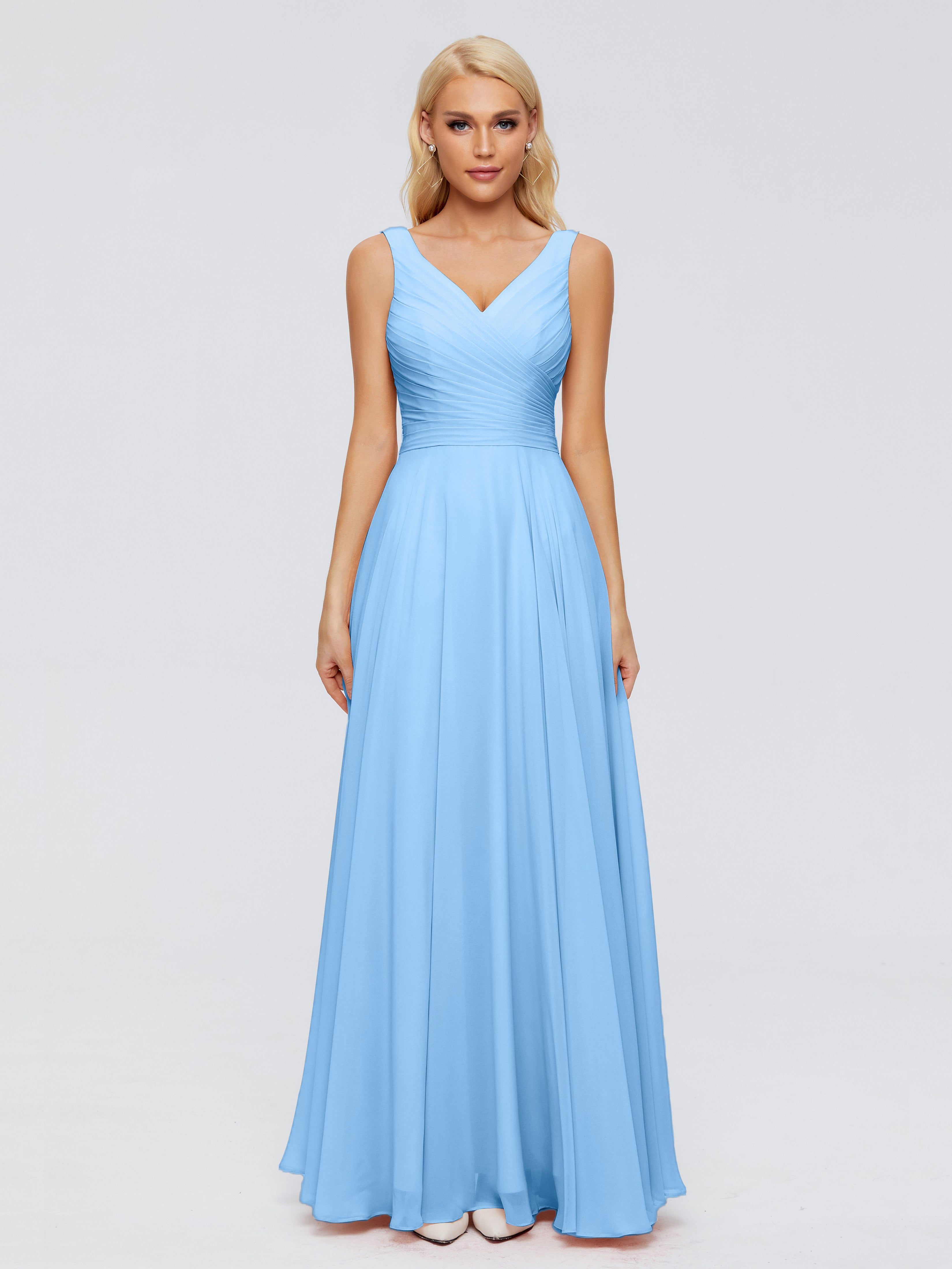 Robe De Demoiselle D Honneur Bleu Col V Mousseline Robes Demoiselle D'Honneur Avec Ceinture