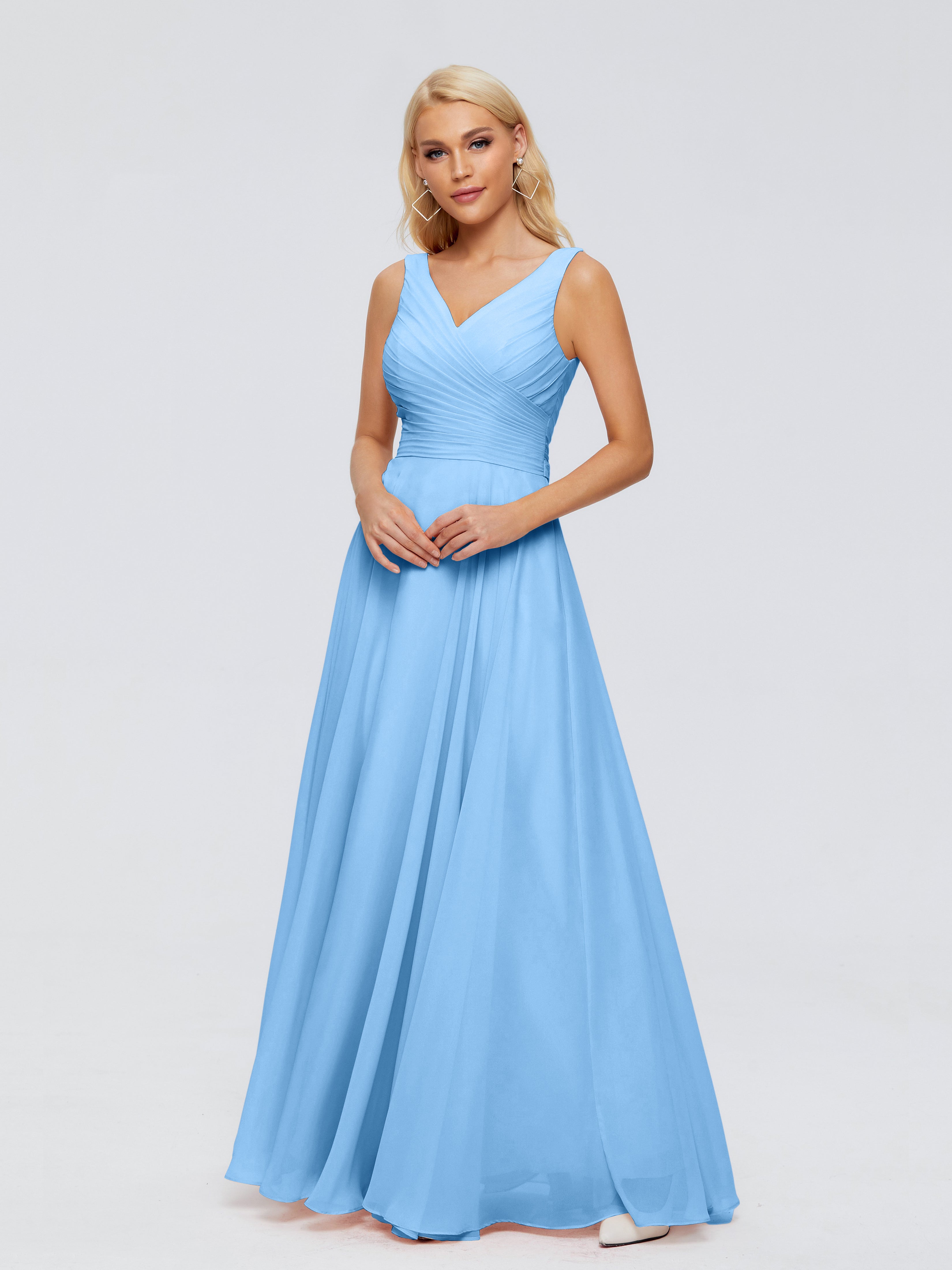 Robe De Demoiselle D Honneur Bleu Col V Mousseline Robes Demoiselle D'Honneur Avec Ceinture