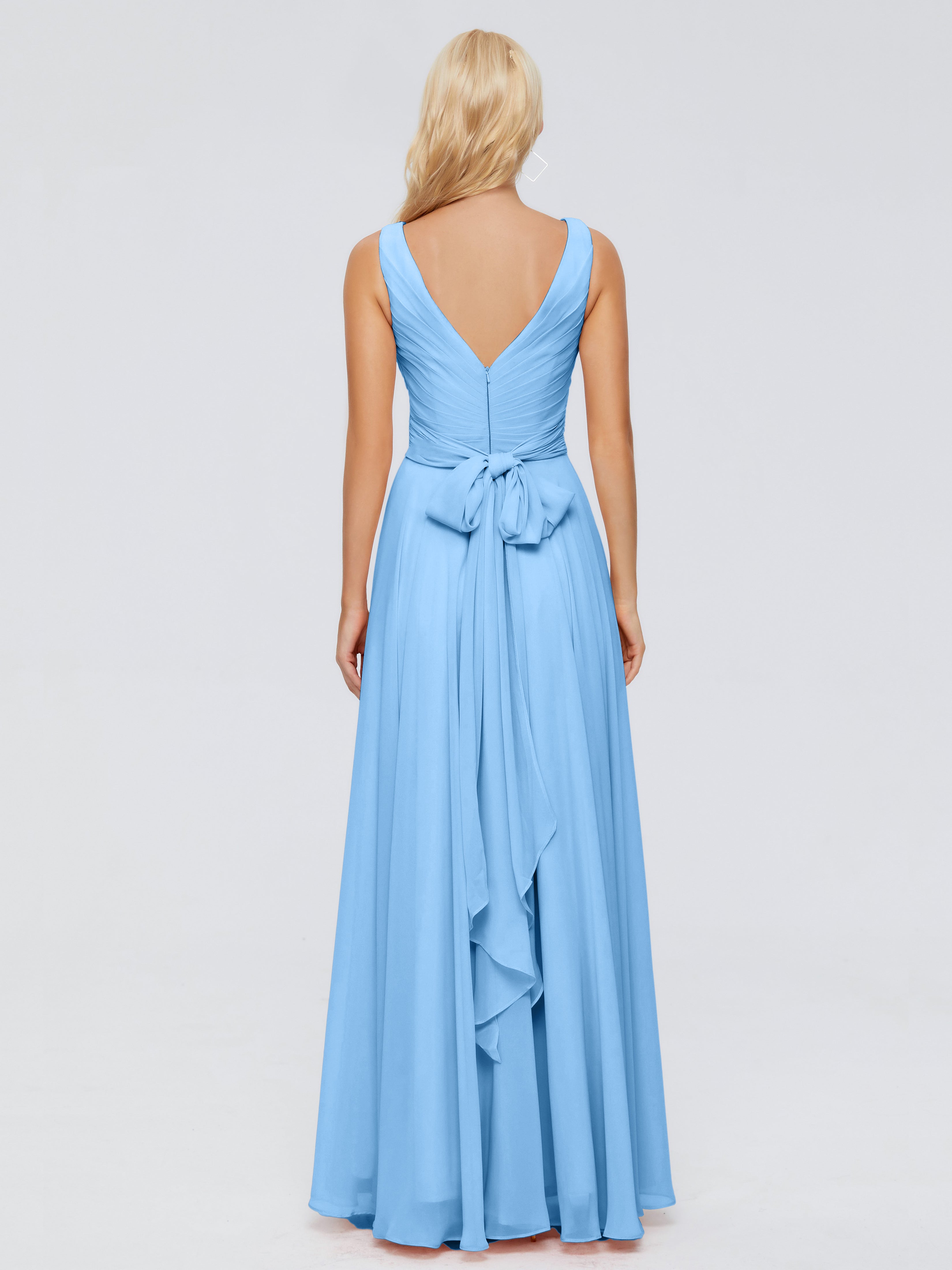 Robe De Demoiselle D Honneur Bleu Col V Mousseline Robes Demoiselle D'Honneur Avec Ceinture