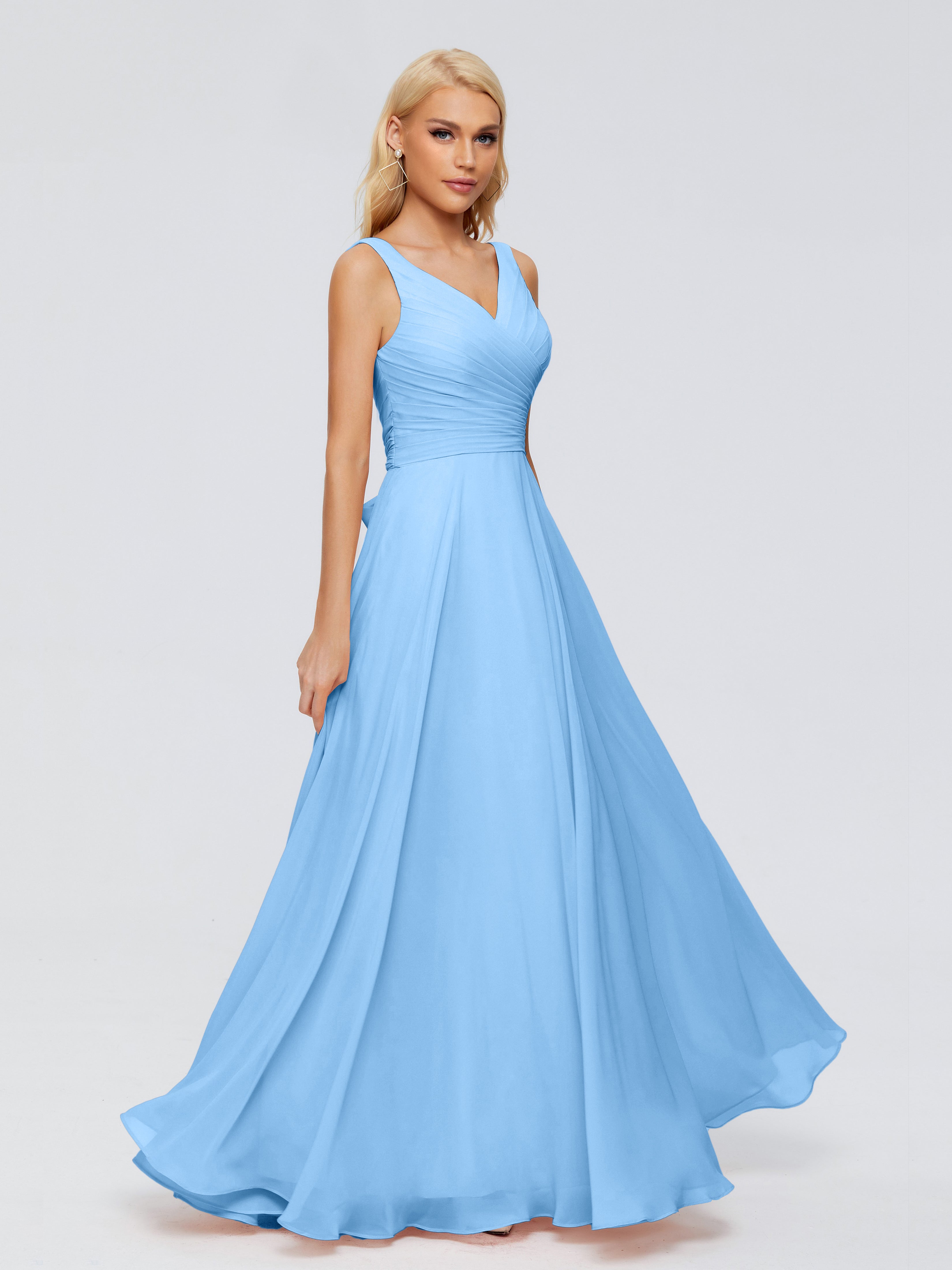 Robe De Demoiselle D Honneur Bleu Col V Mousseline Robes Demoiselle D'Honneur Avec Ceinture