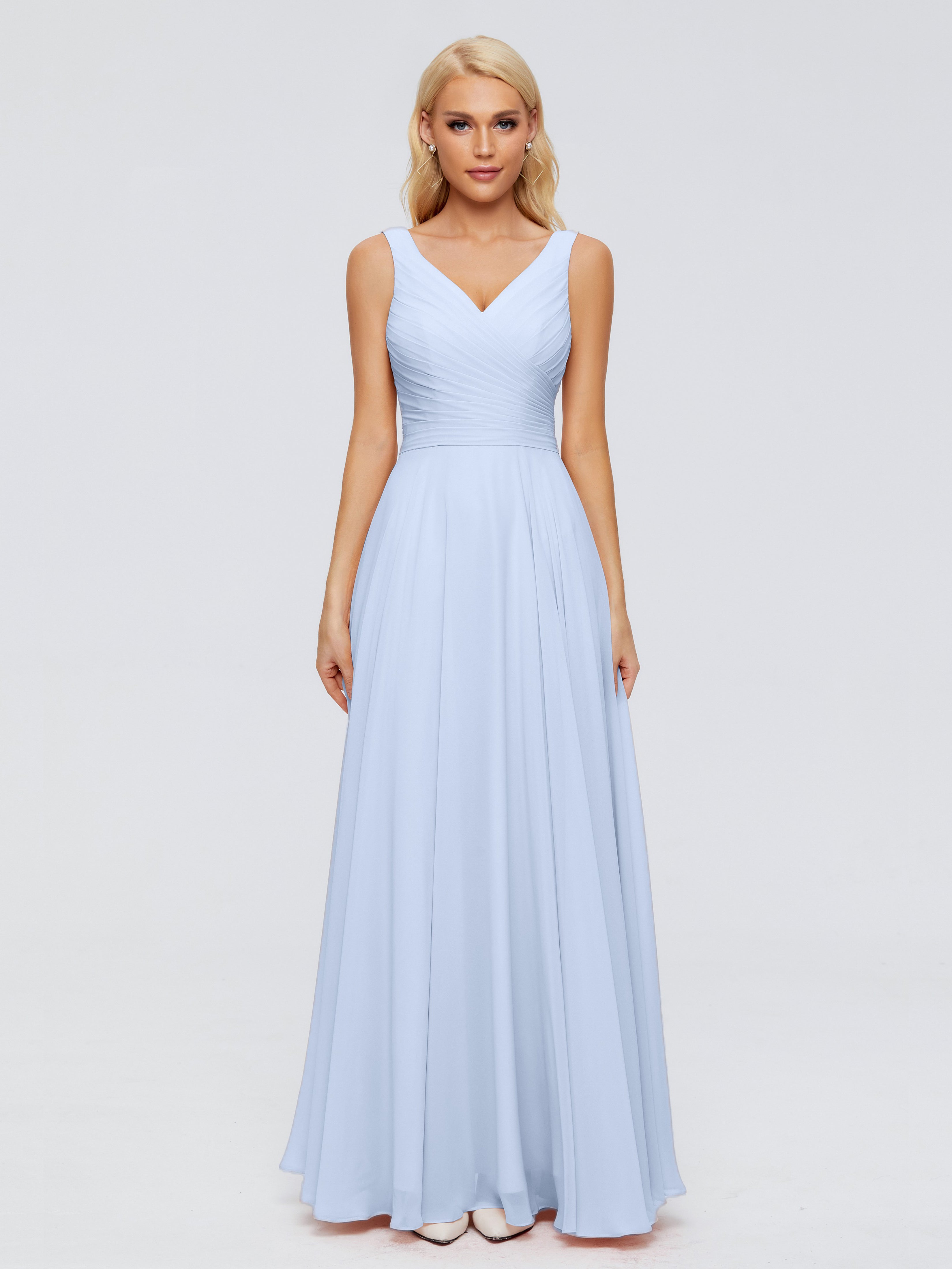 Robe Demoiselle D Honneur Bleue Ciel Col V Mousseline Robes Demoiselle D'Honneur Avec Ceinture