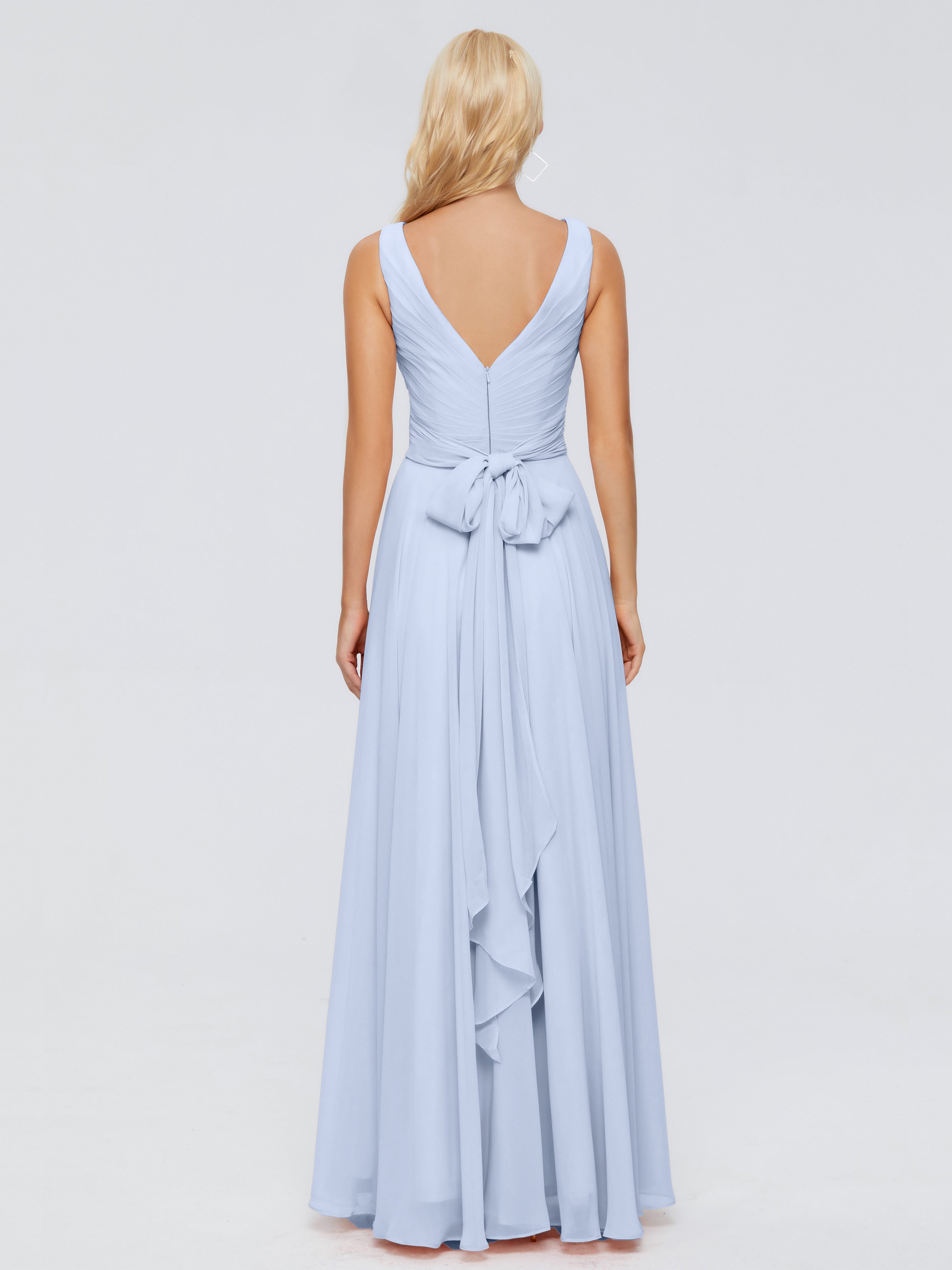 Robe Demoiselle D Honneur Bleue Ciel Col V Mousseline Robes Demoiselle D'Honneur Avec Ceinture