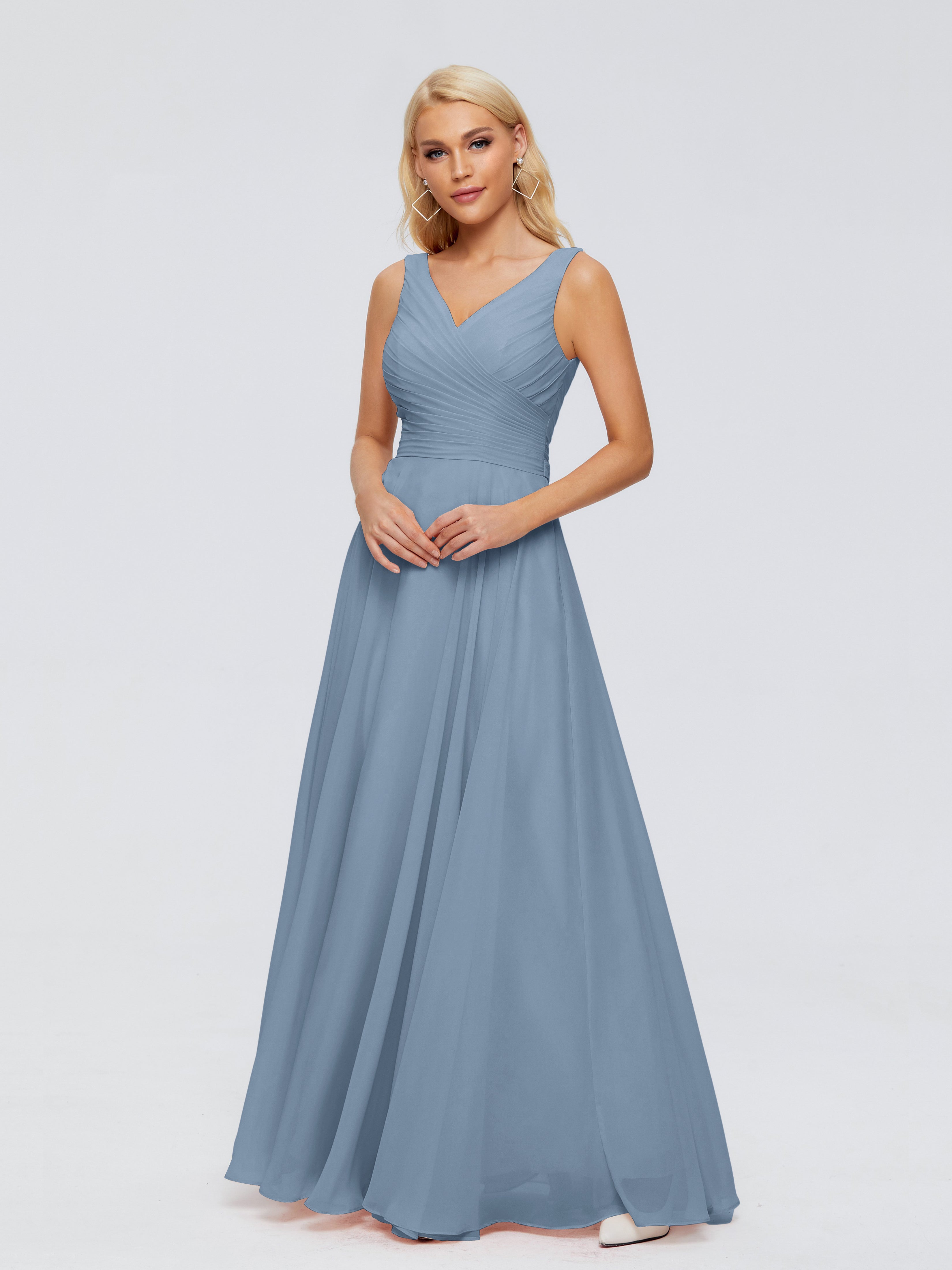 Robes De Demoiselle D'Honneur Bleu De Schiste Col V Mousseline Robes Demoiselle D'Honneur Avec Ceinture