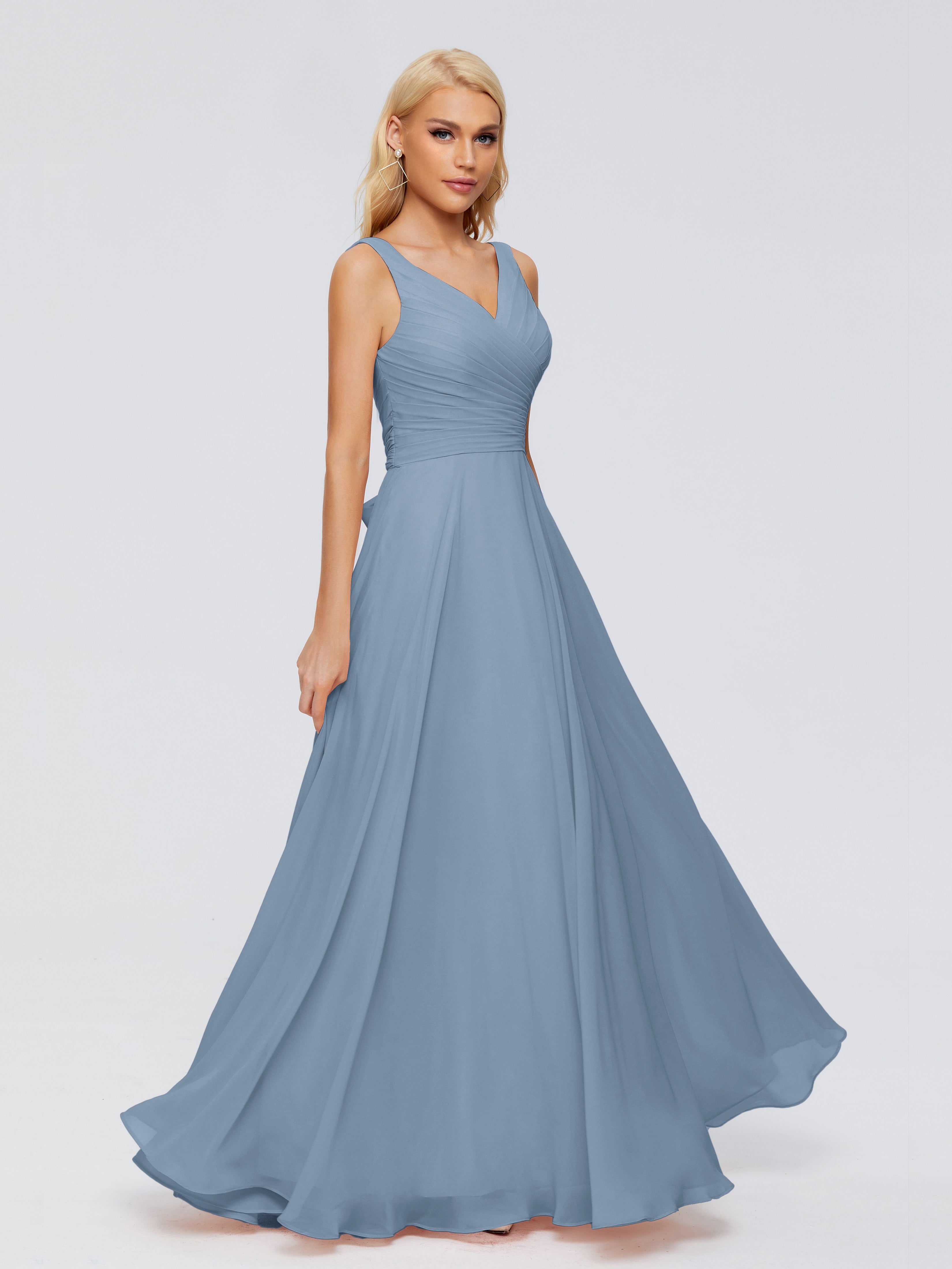 Robes De Demoiselle D'Honneur Bleu De Schiste Col V Mousseline Robes Demoiselle D'Honneur Avec Ceinture