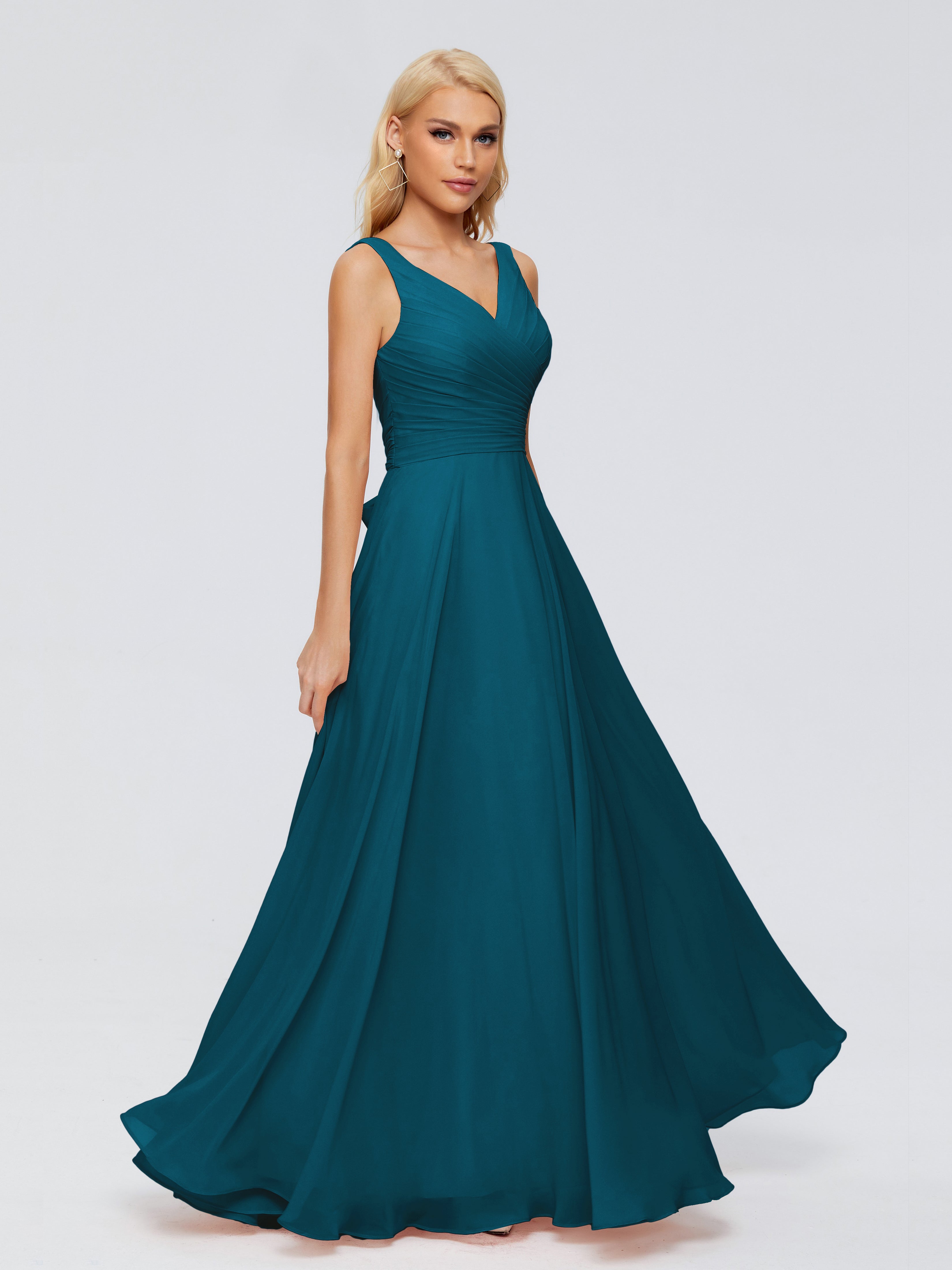 Robe De Demoiselle D'Honneur Bleu Encre Col V Mousseline Robes Demoiselle D'Honneur Avec Ceinture