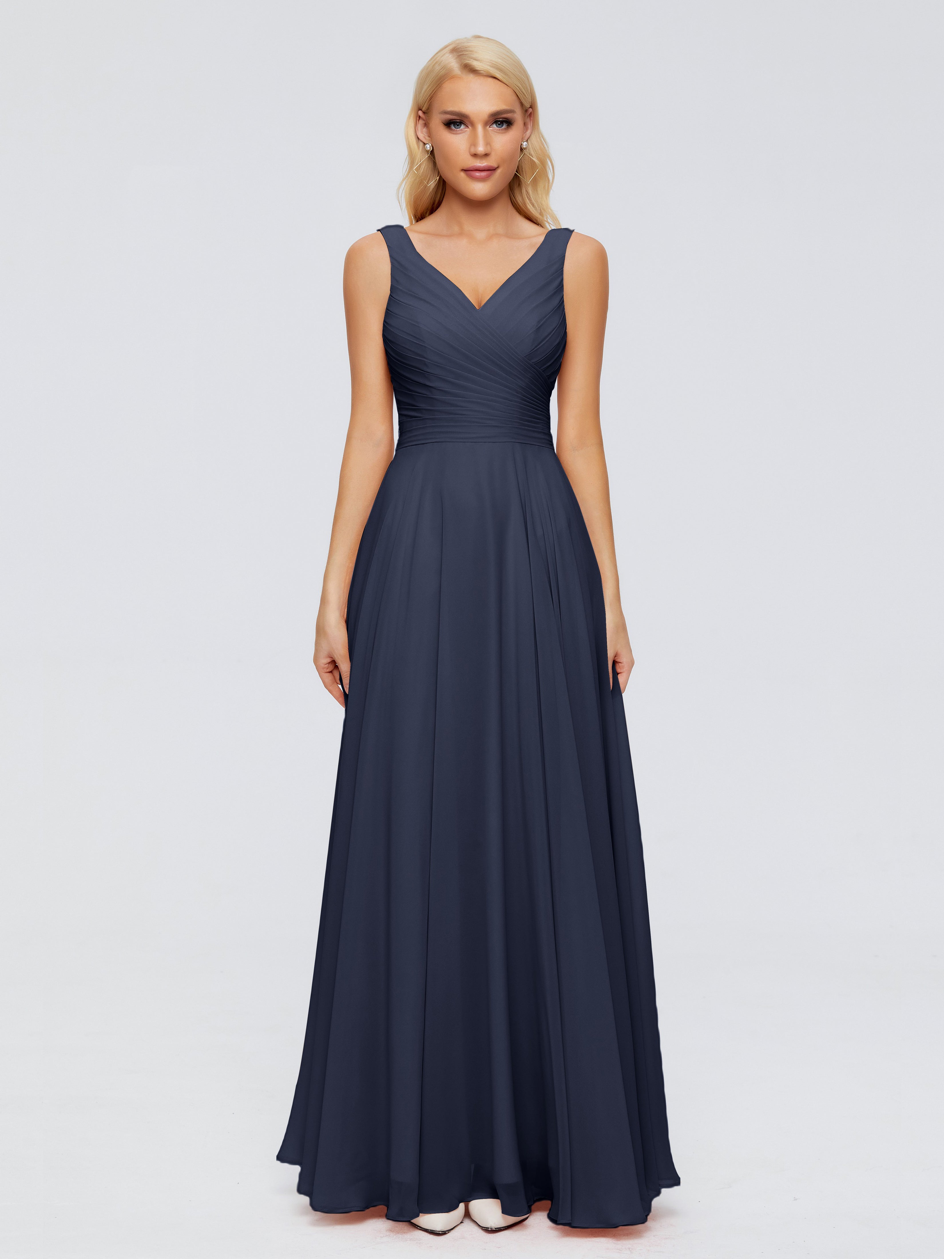 Robe Demoiselle D Honneur Bleue Marine Col V Mousseline Robes Demoiselle D'Honneur Avec Ceinture