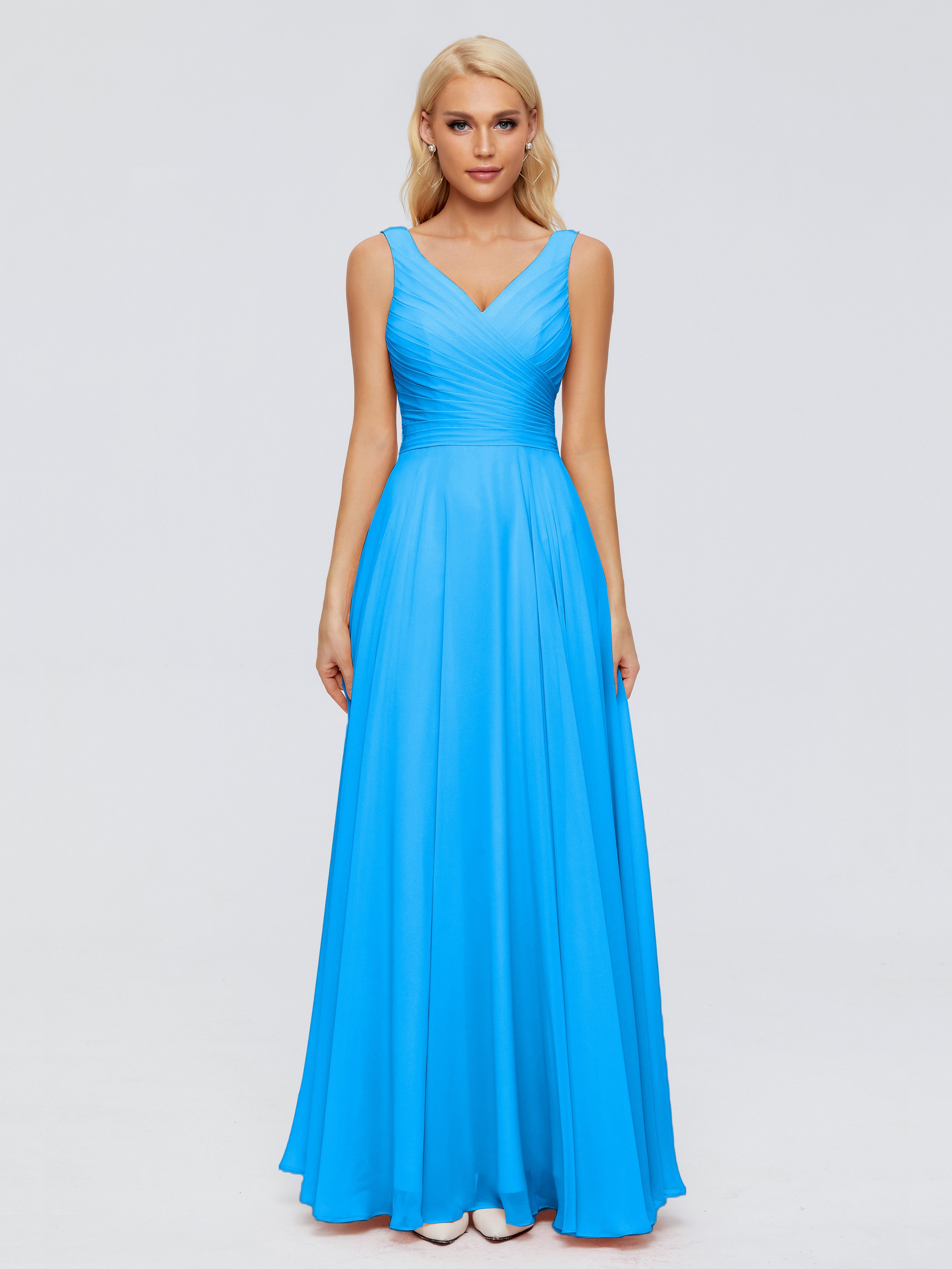 Robes De Demoiselle D'Honneur Bleu Océan Col V Mousseline Robes Demoiselle D'Honneur Avec Ceinture