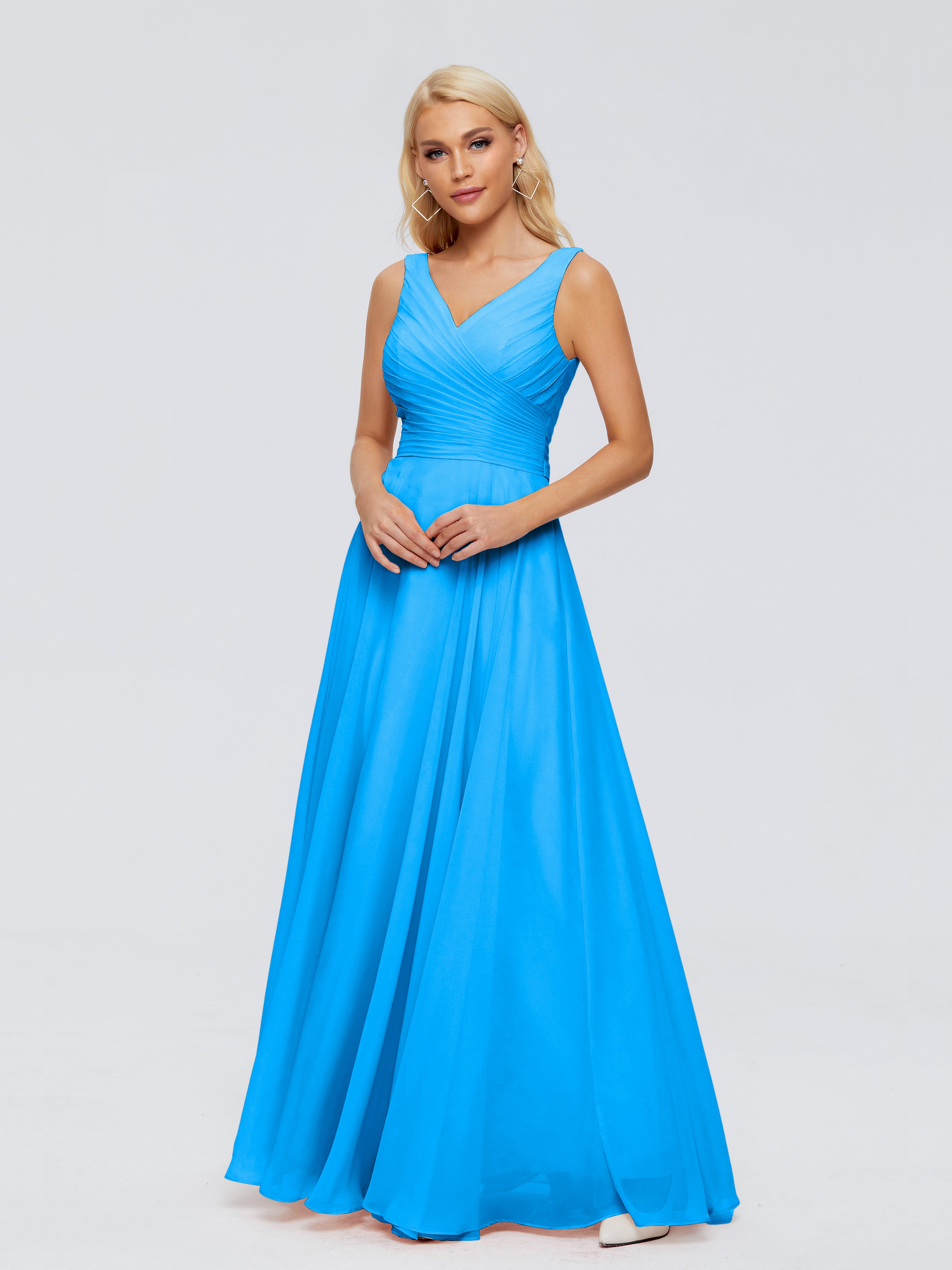 Robes De Demoiselle D'Honneur Bleu Océan Col V Mousseline Robes Demoiselle D'Honneur Avec Ceinture