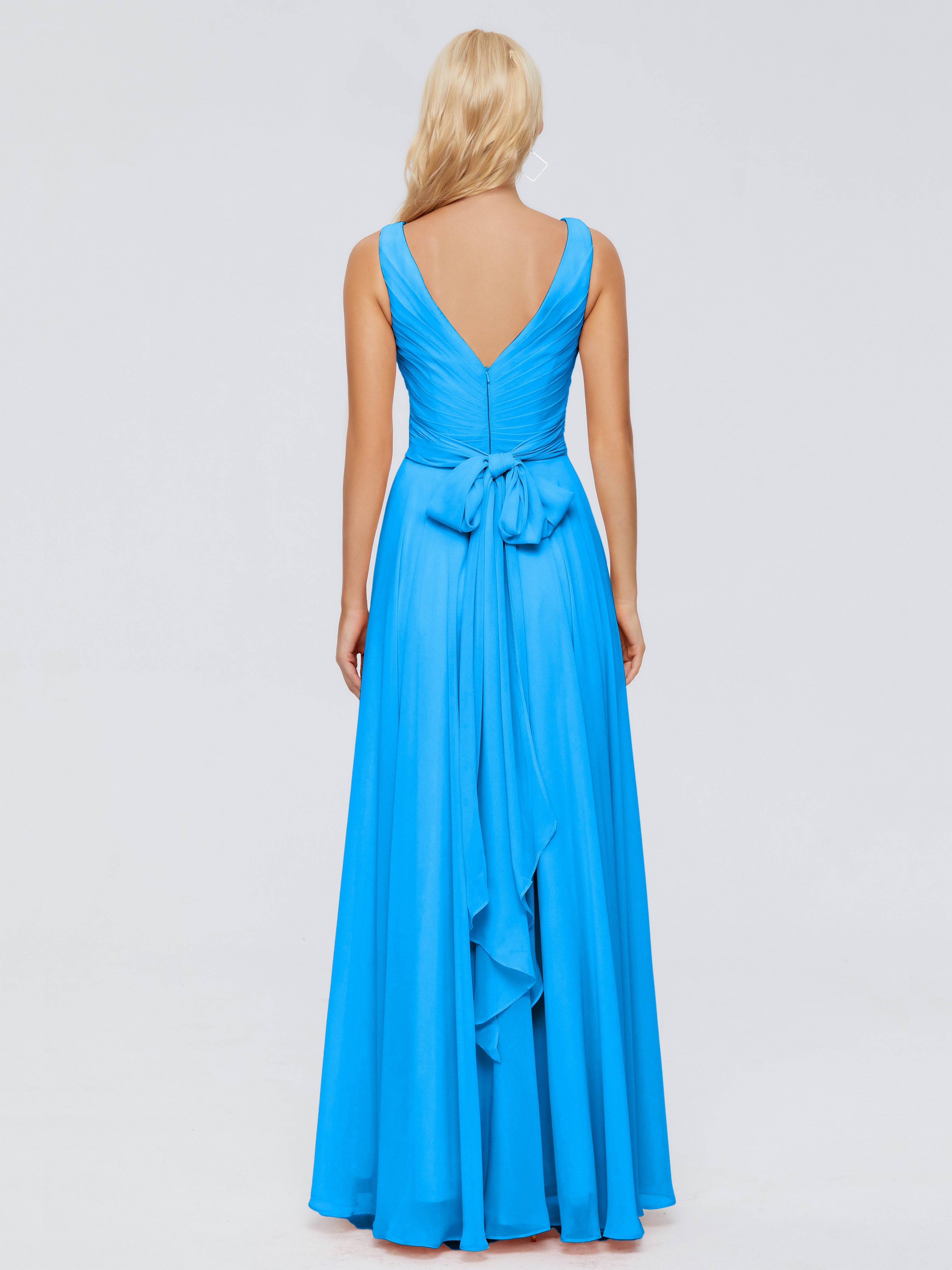 Robes De Demoiselle D'Honneur Bleu Océan Col V Mousseline Robes Demoiselle D'Honneur Avec Ceinture