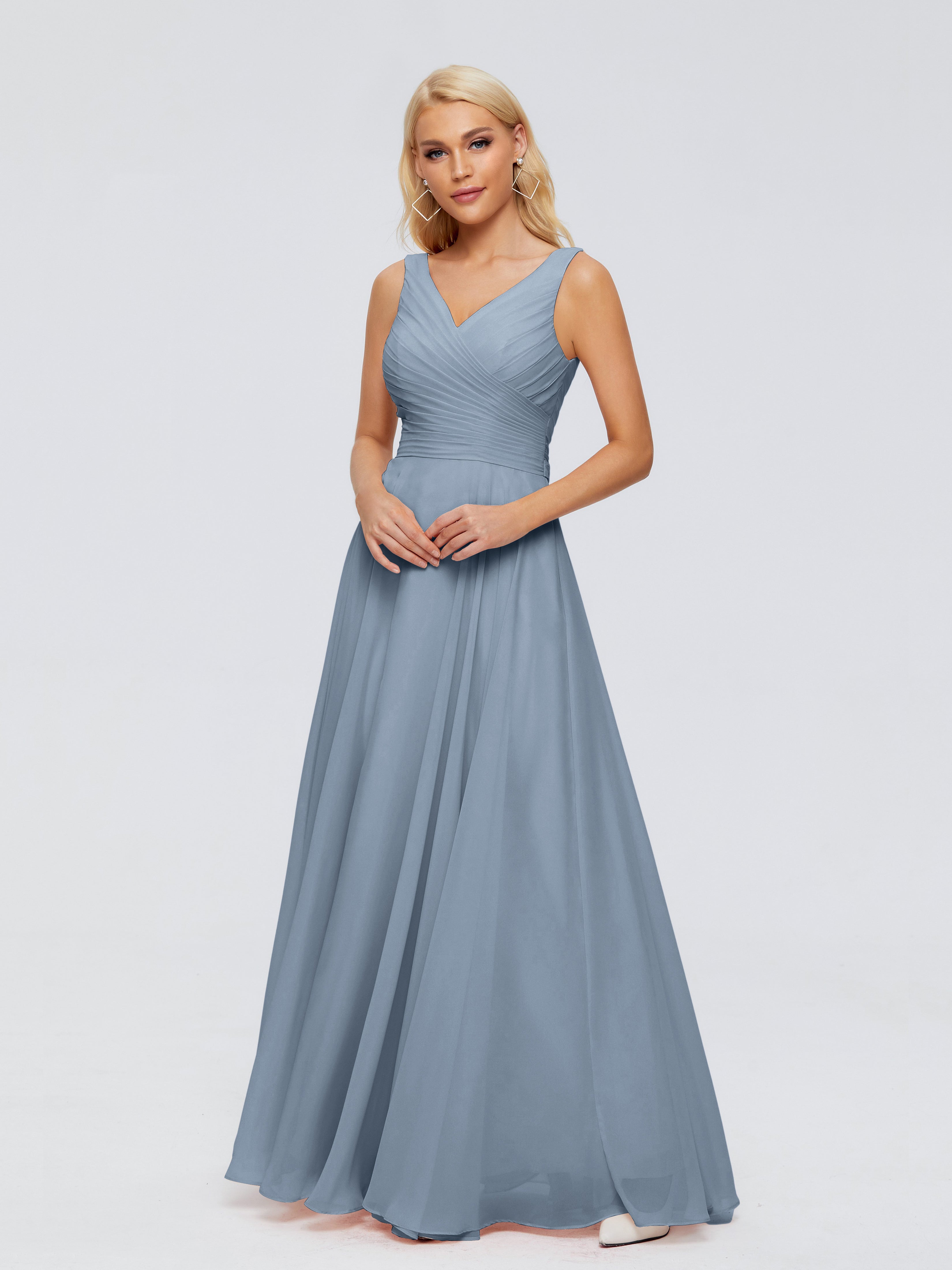 Robes De Demoiselle D'Honneur Bleu Poudre Col V Mousseline Robes Demoiselle D'Honneur Avec Ceinture