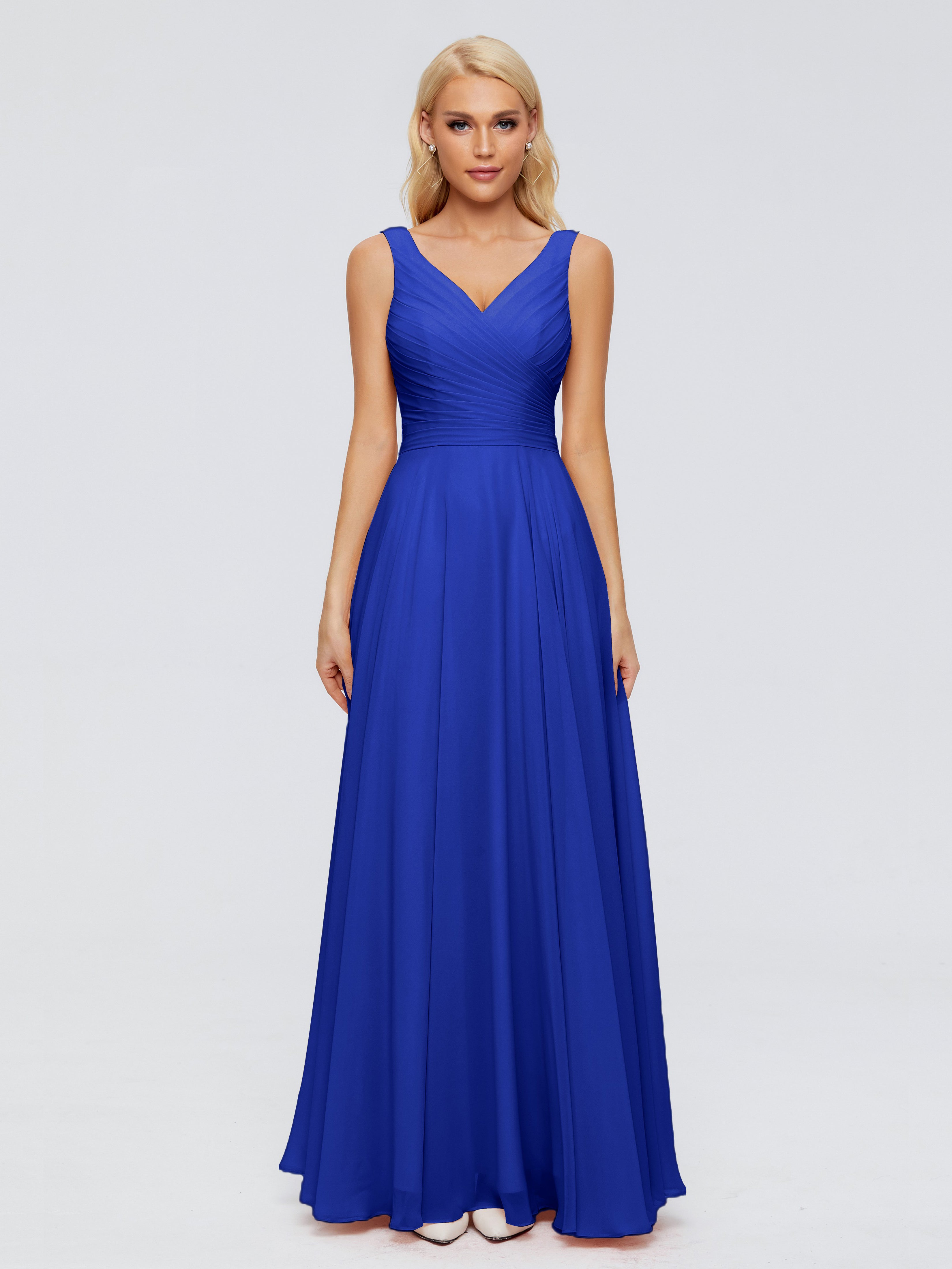 Demoiselle D'Honneur Bleu Royal Col V Mousseline Robes Demoiselle D'Honneur Avec Ceinture
