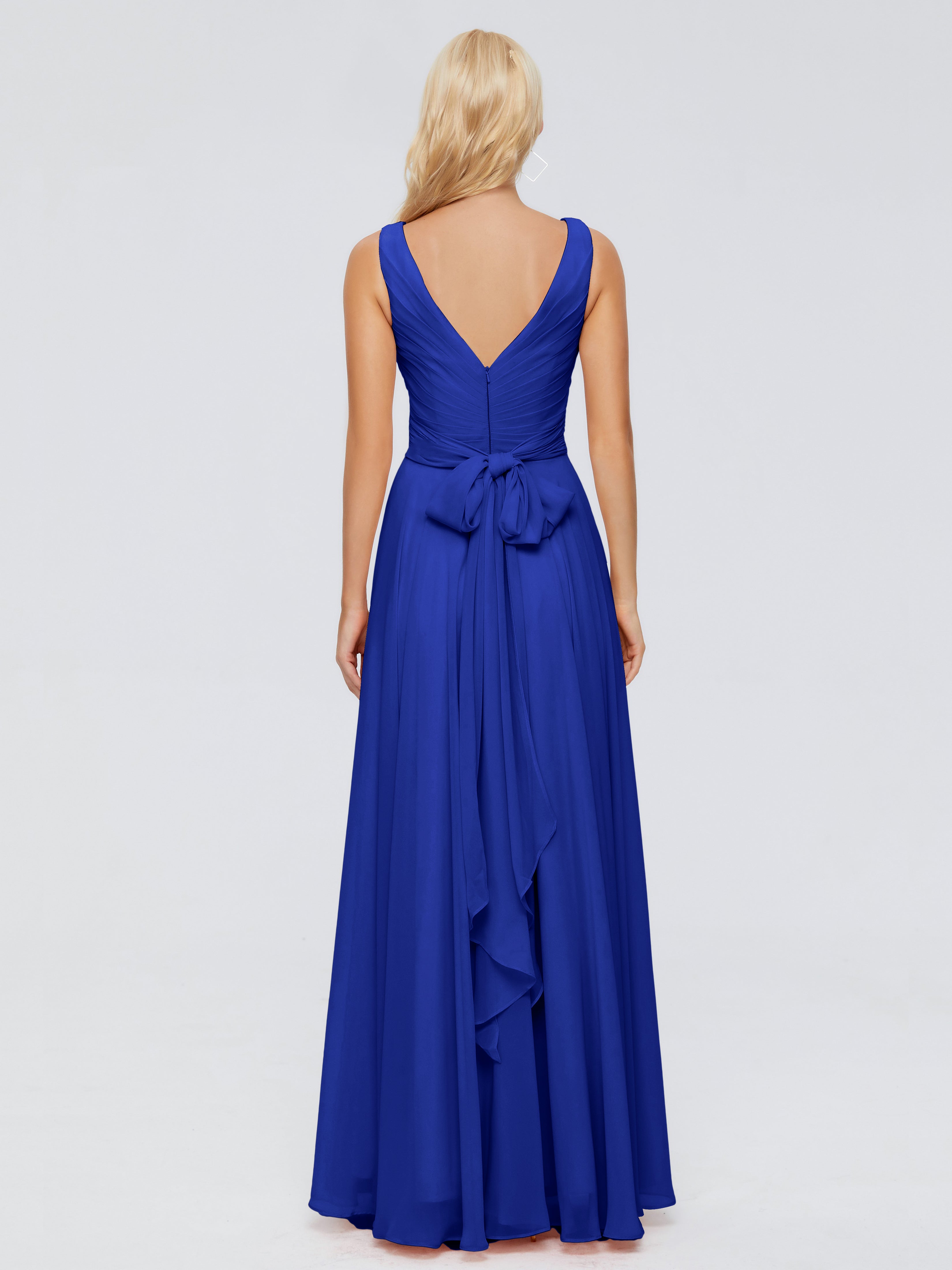 Demoiselle D'Honneur Bleu Royal Col V Mousseline Robes Demoiselle D'Honneur Avec Ceinture