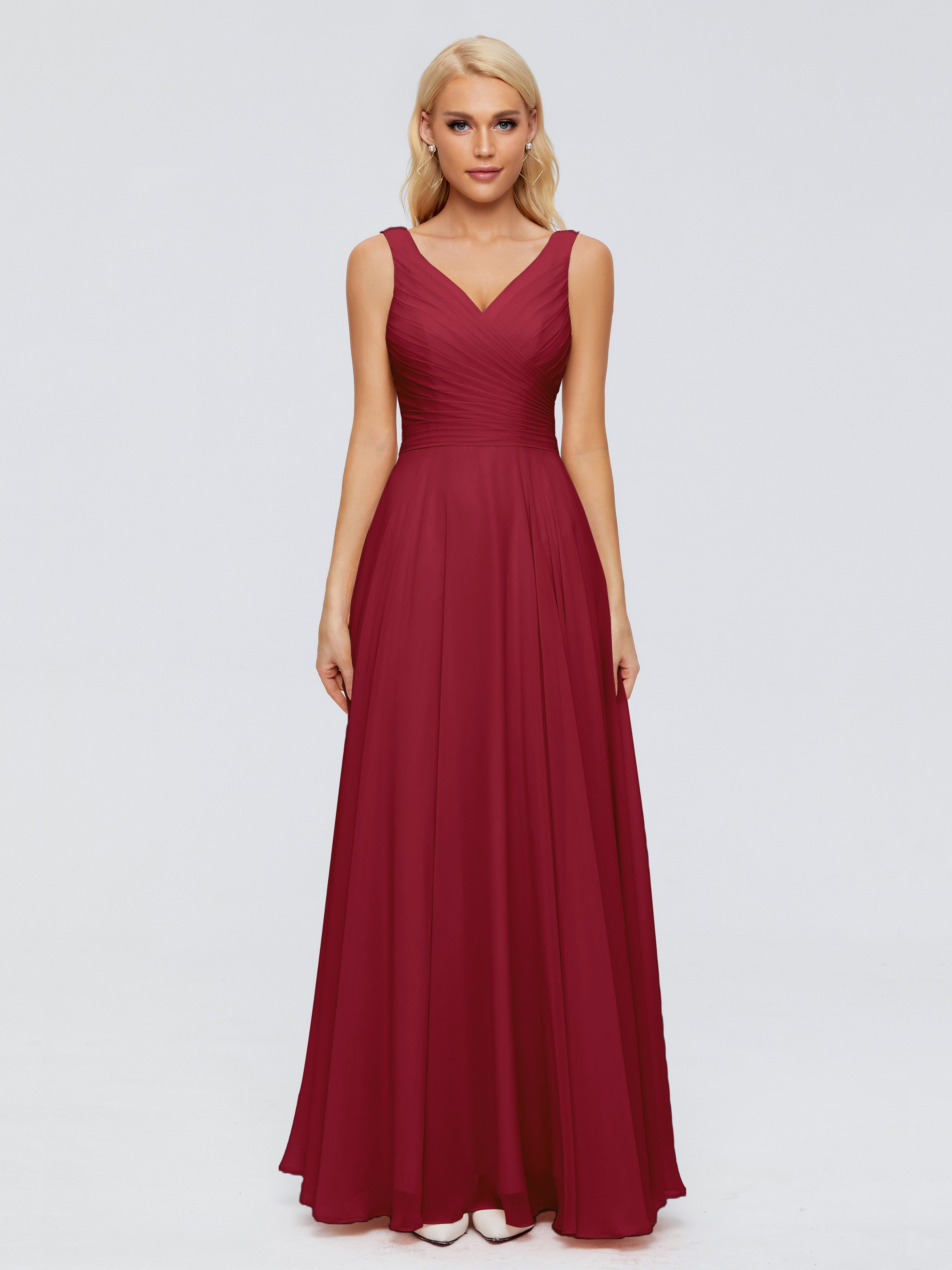 Robe De Demoiselle D Honneur Bordeaux Col V Mousseline Robes Demoiselle D'Honneur Avec Ceinture