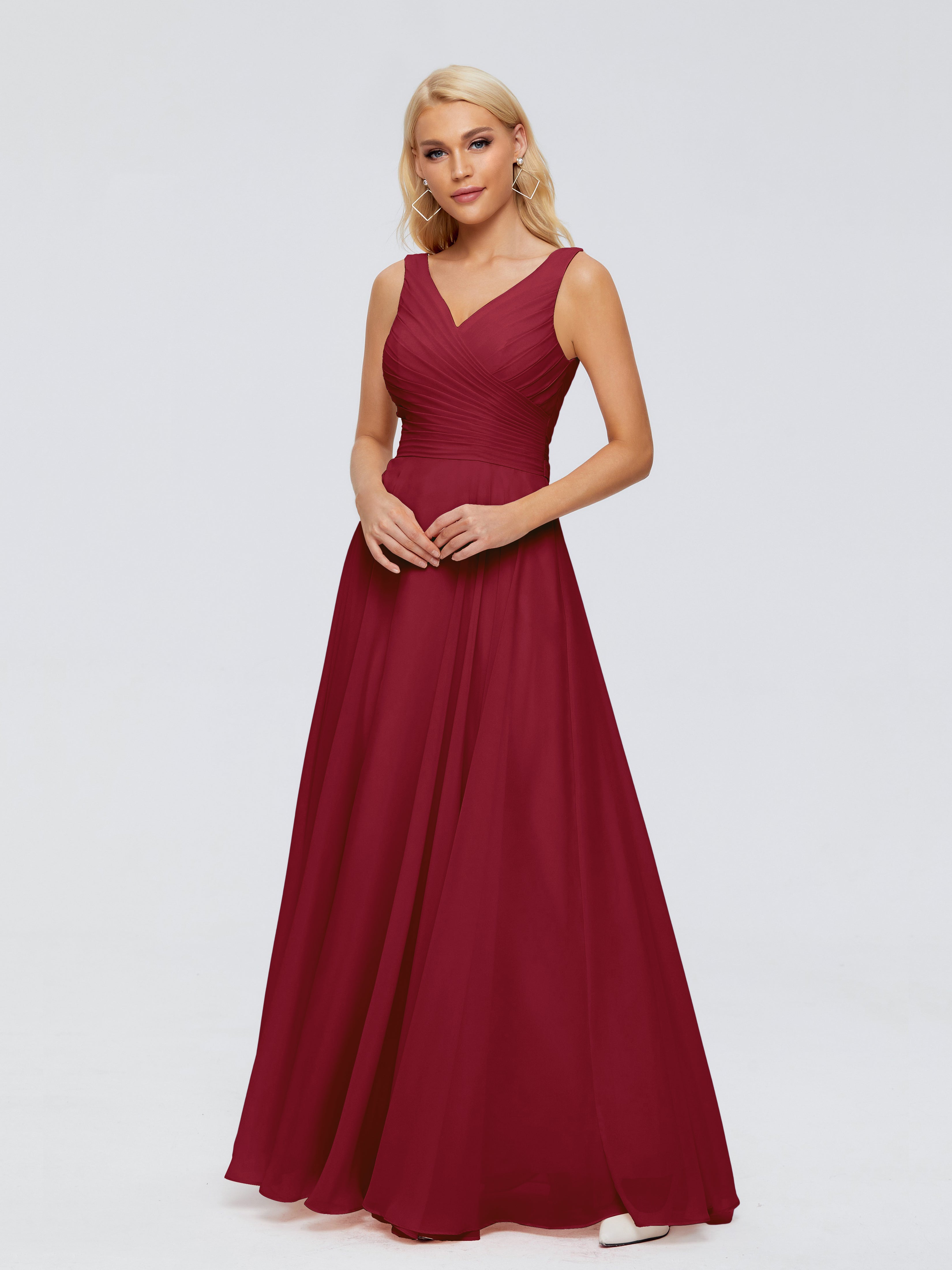 Robe De Demoiselle D Honneur Bordeaux Col V Mousseline Robes Demoiselle D'Honneur Avec Ceinture