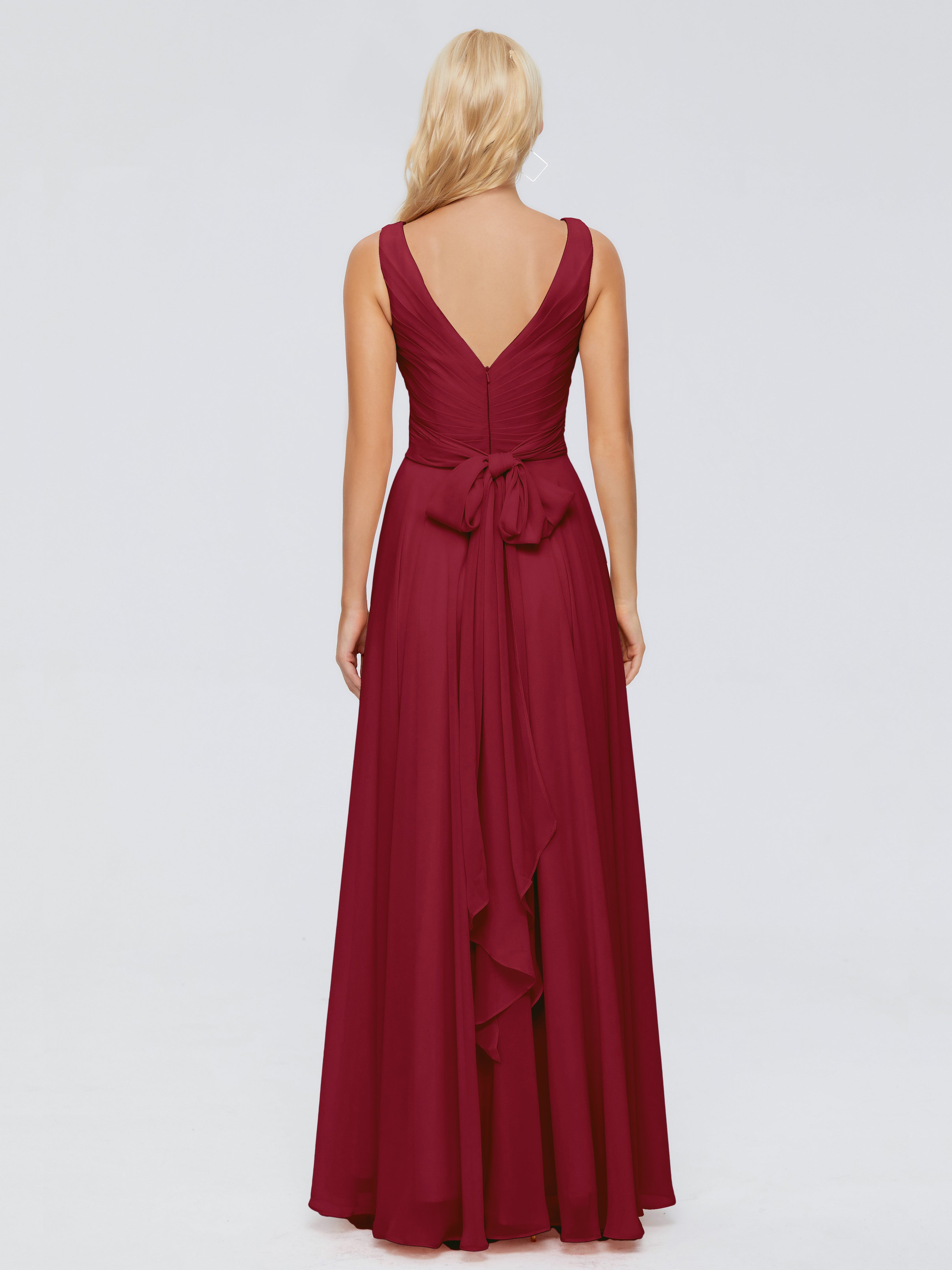 Robe De Demoiselle D Honneur Bordeaux Col V Mousseline Robes Demoiselle D'Honneur Avec Ceinture