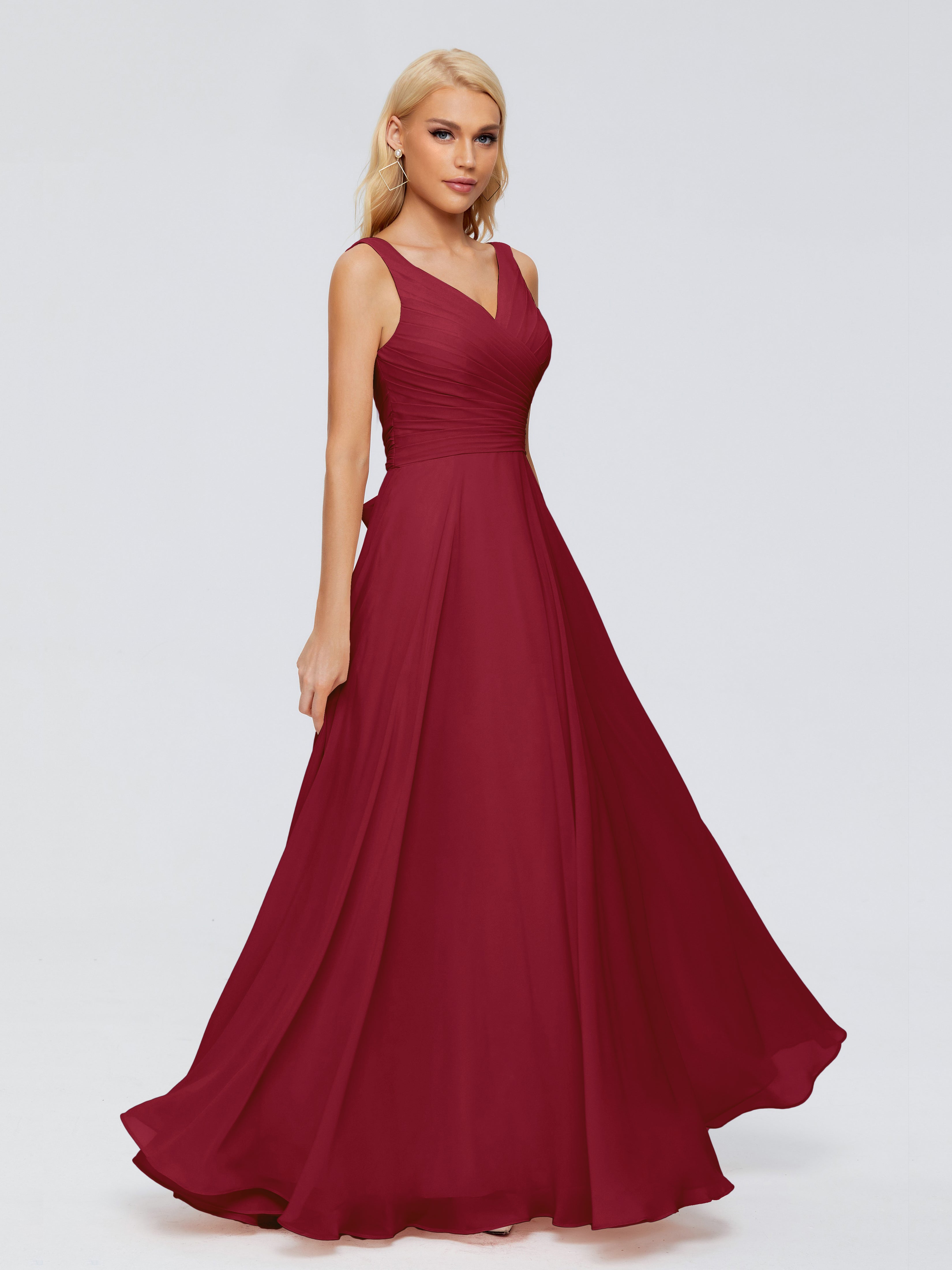 Robe De Demoiselle D Honneur Bordeaux Col V Mousseline Robes Demoiselle D'Honneur Avec Ceinture