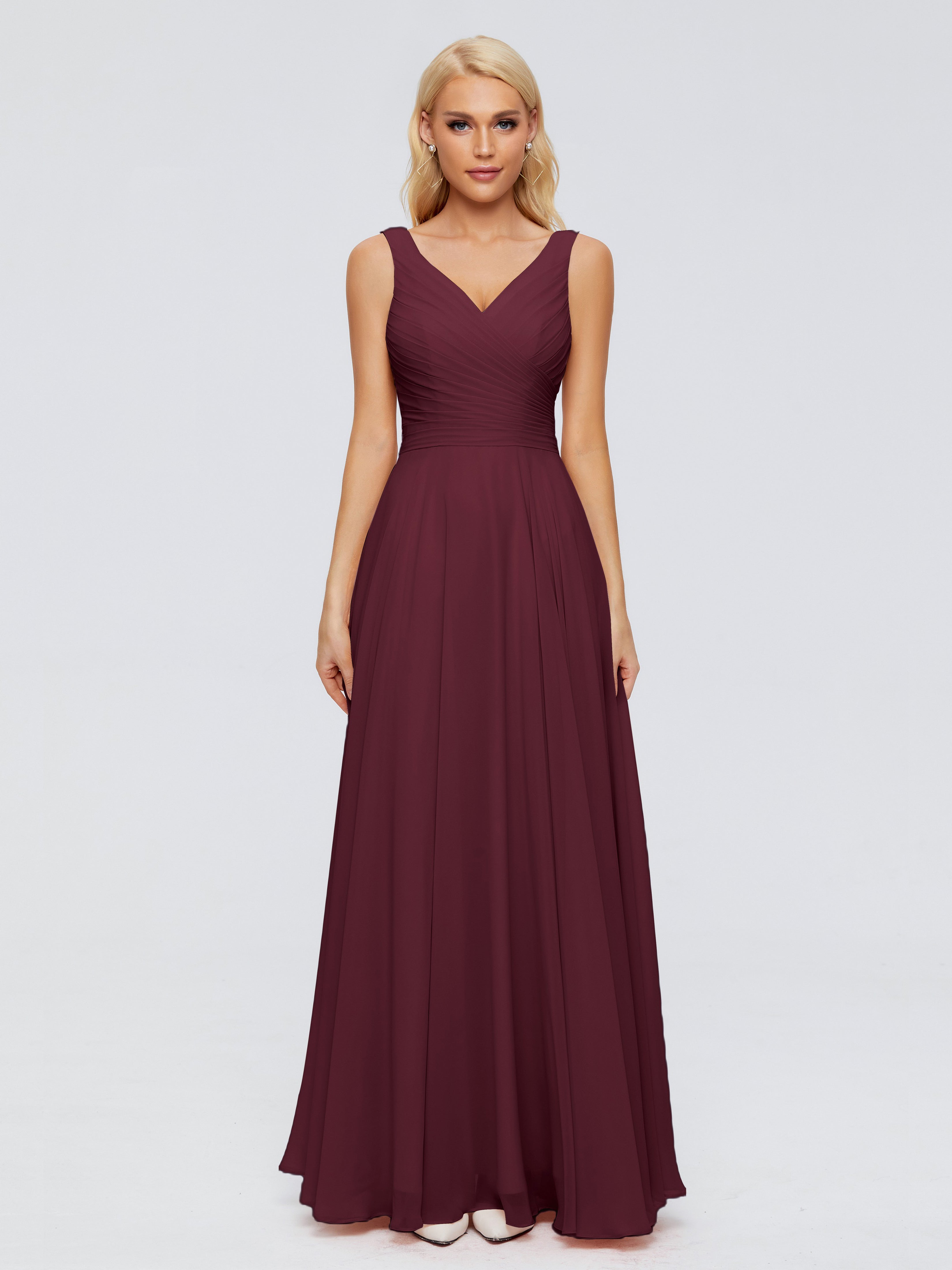 Robes De Demoiselle D'Honneur Cabernet Col V Mousseline Robes Demoiselle D'Honneur Avec Ceinture