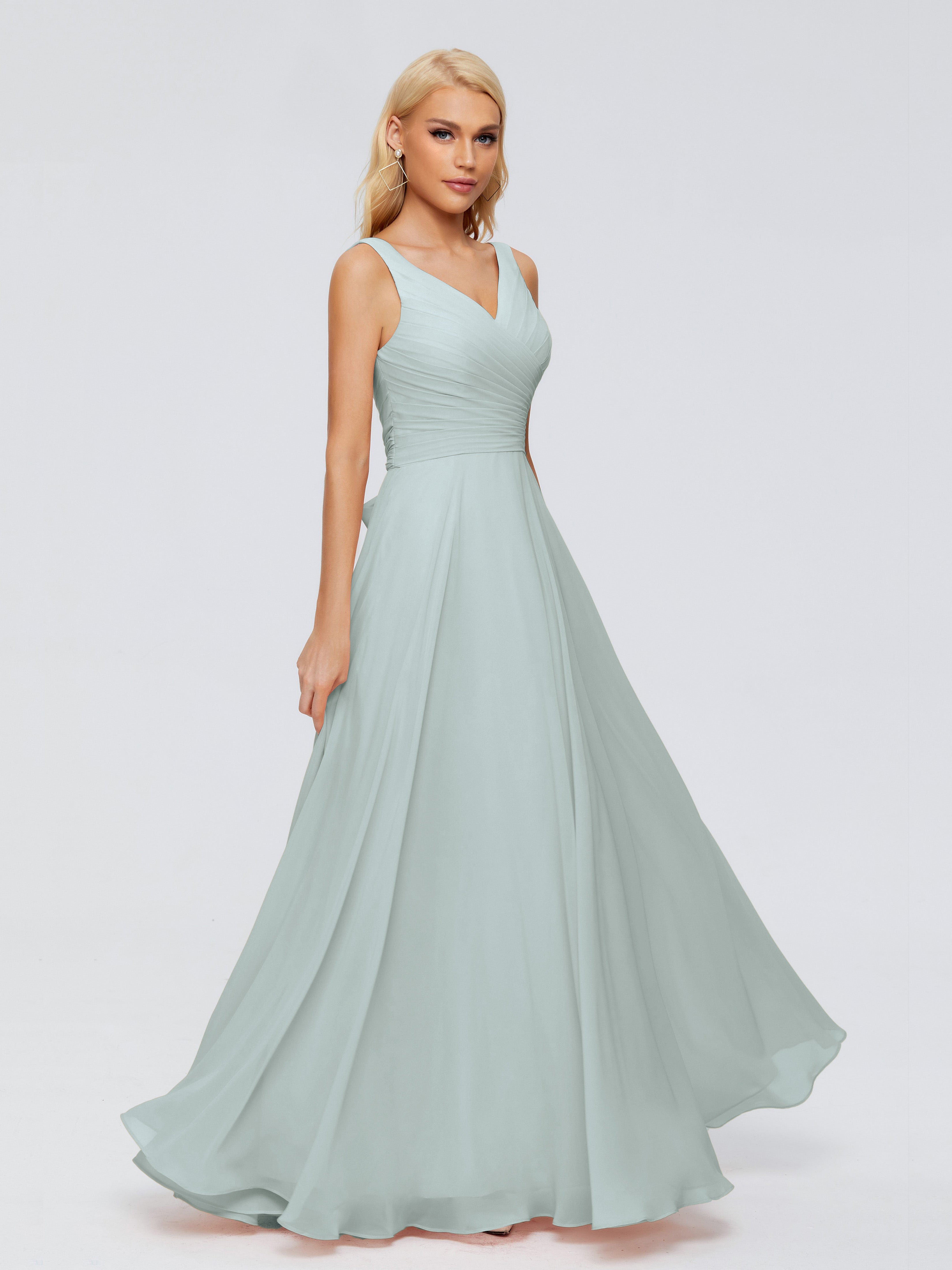 Robe Demoiselle D Honneur Celadon Col V Mousseline Robes Demoiselle D'Honneur Avec Ceinture