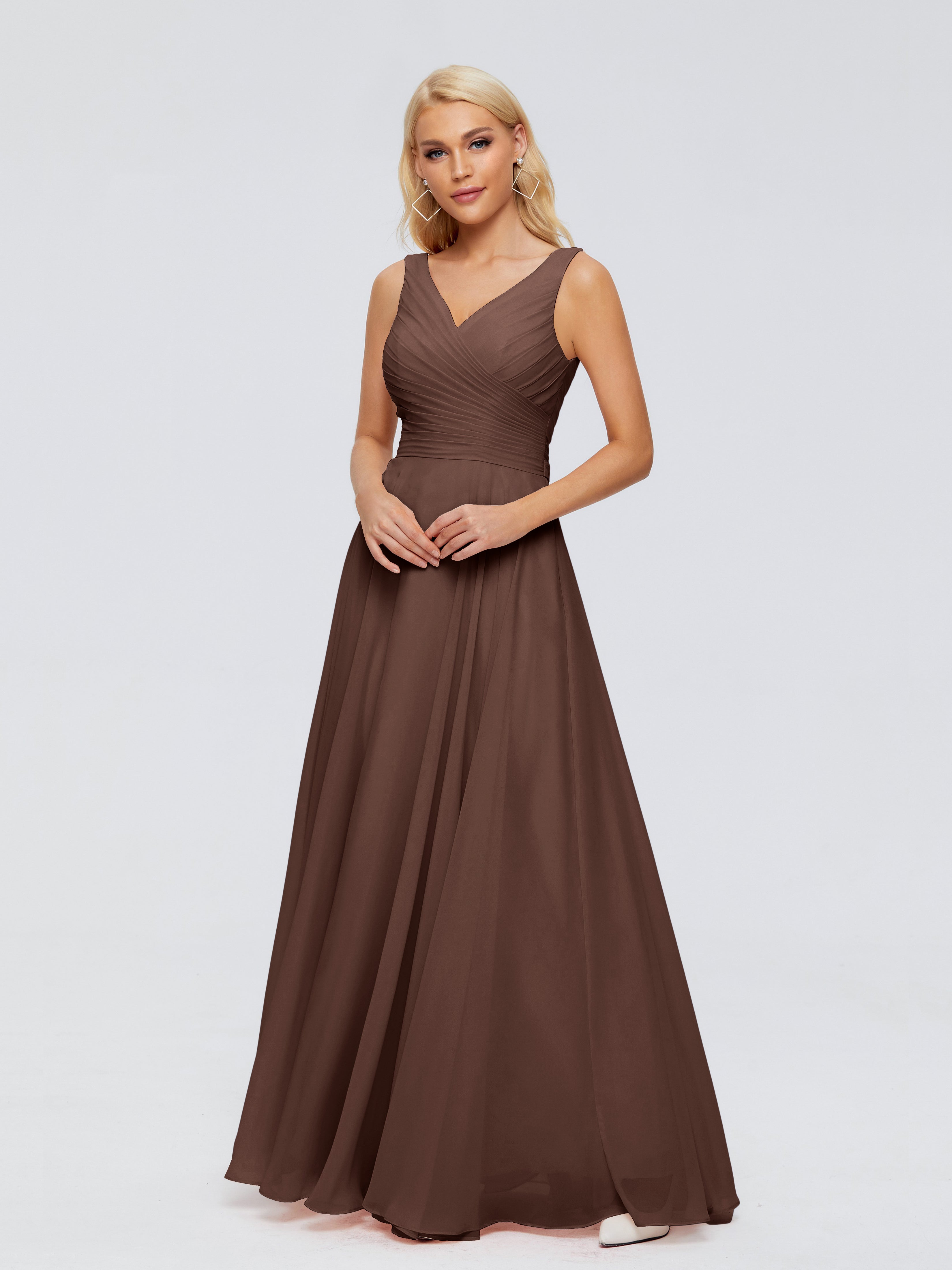 Robe De Demoiselle D Honneur Chocolat Col V Mousseline Robes Demoiselle D'Honneur Avec Ceinture